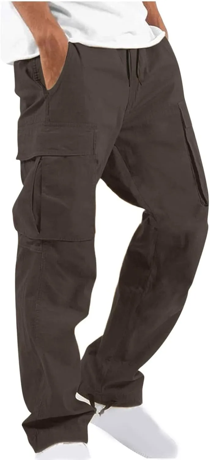 Mens Cargo Pants Loose Baggy Work Hiking Drawstring Trousers Outdoor Comfy Joggers with Multi Pockets