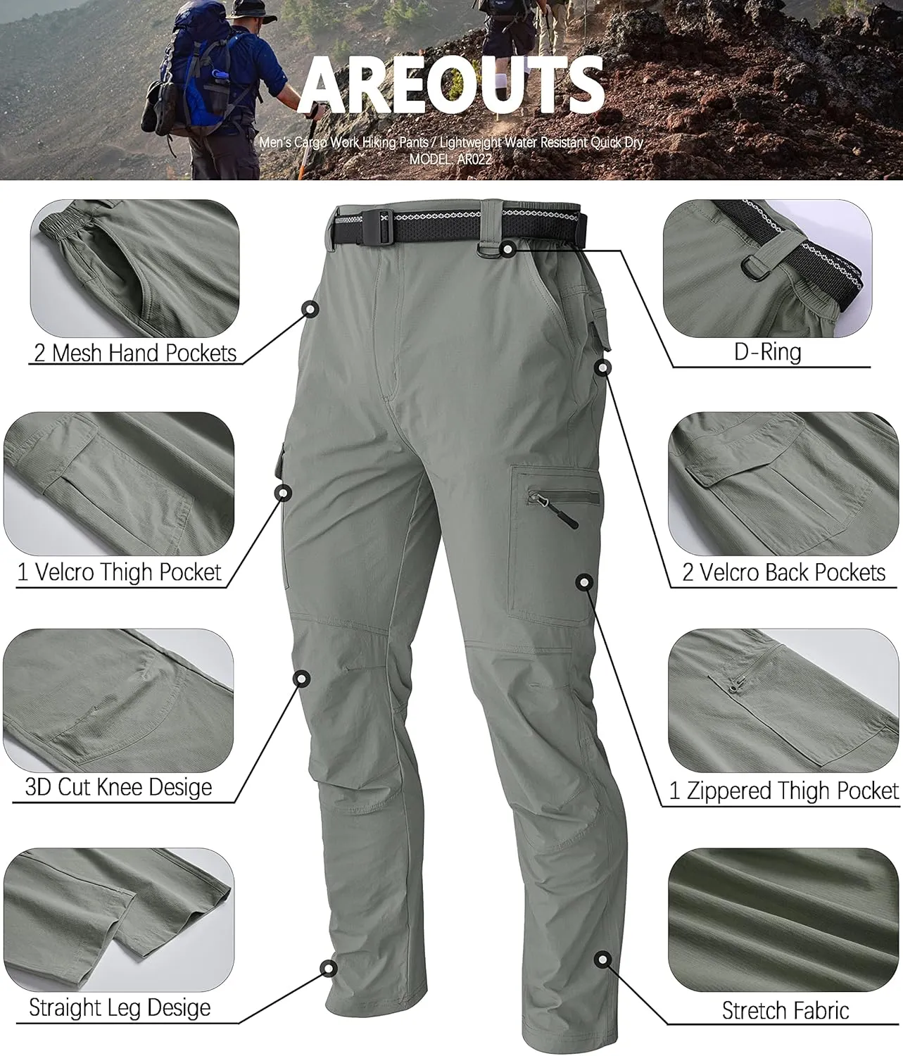 Men's Cargo Work Hiking Pants Lightweight Water Resistant Quick Dry Fishing Travel Camping Outdoor Breathable Multi Pockets