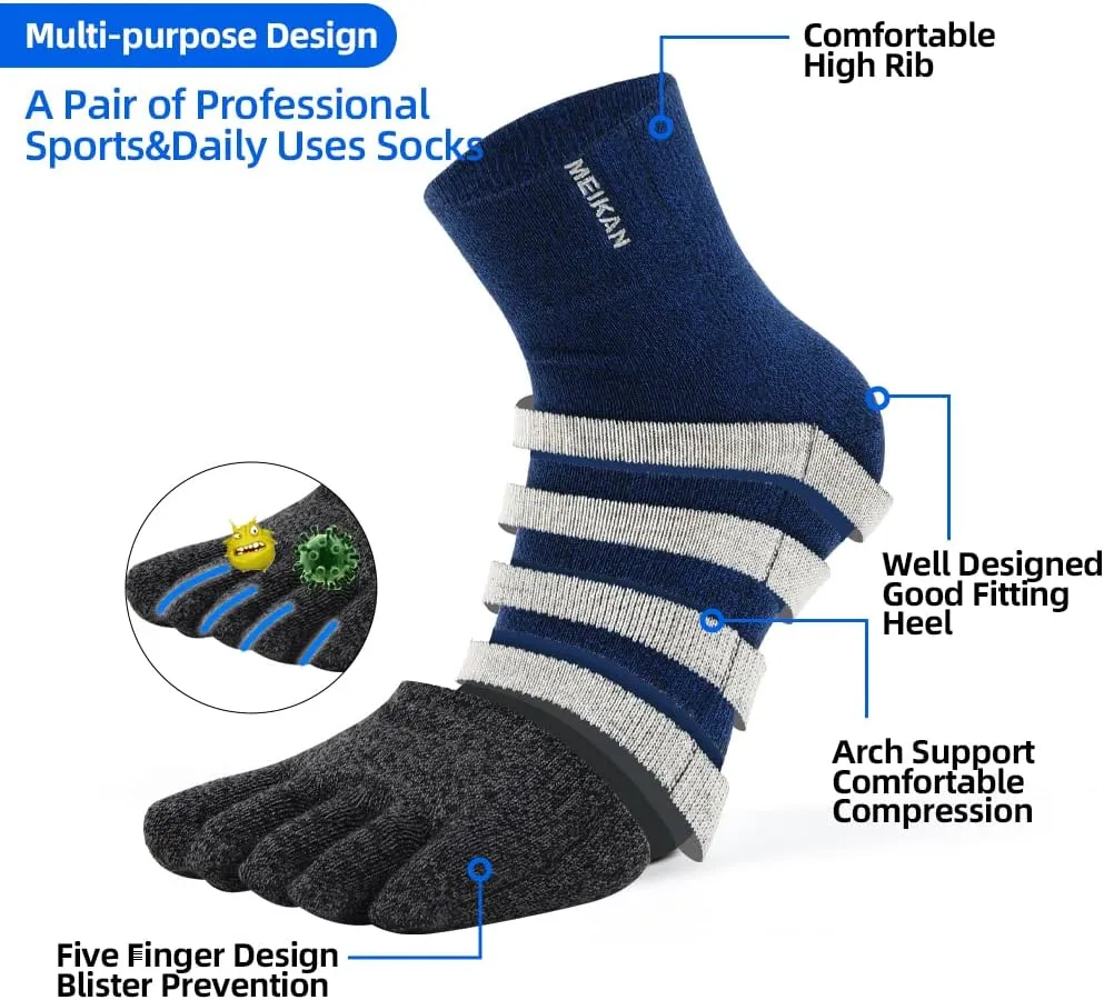 Men's Cotton Toe Socks Five Finger Socks Compression Crew No Show Athletic Socks for Running 4 Pairs(Size 7-11)
