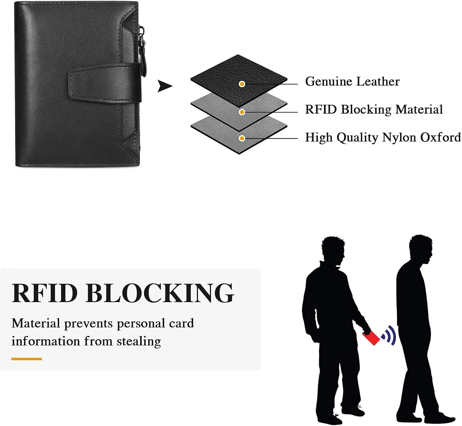 Men's Genuine Leather Wallet RFID Blocking Bifold Casual Wallet Large Capacity Zip Coin Pocket with 18 Card Slots & Removable Id Window (Black)