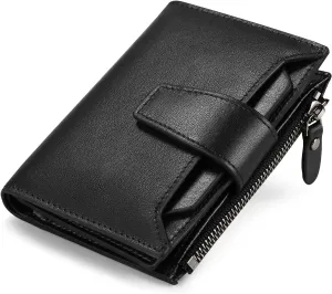 Men's Genuine Leather Wallet RFID Blocking Bifold Casual Wallet Large Capacity Zip Coin Pocket with 18 Card Slots & Removable Id Window (Black)