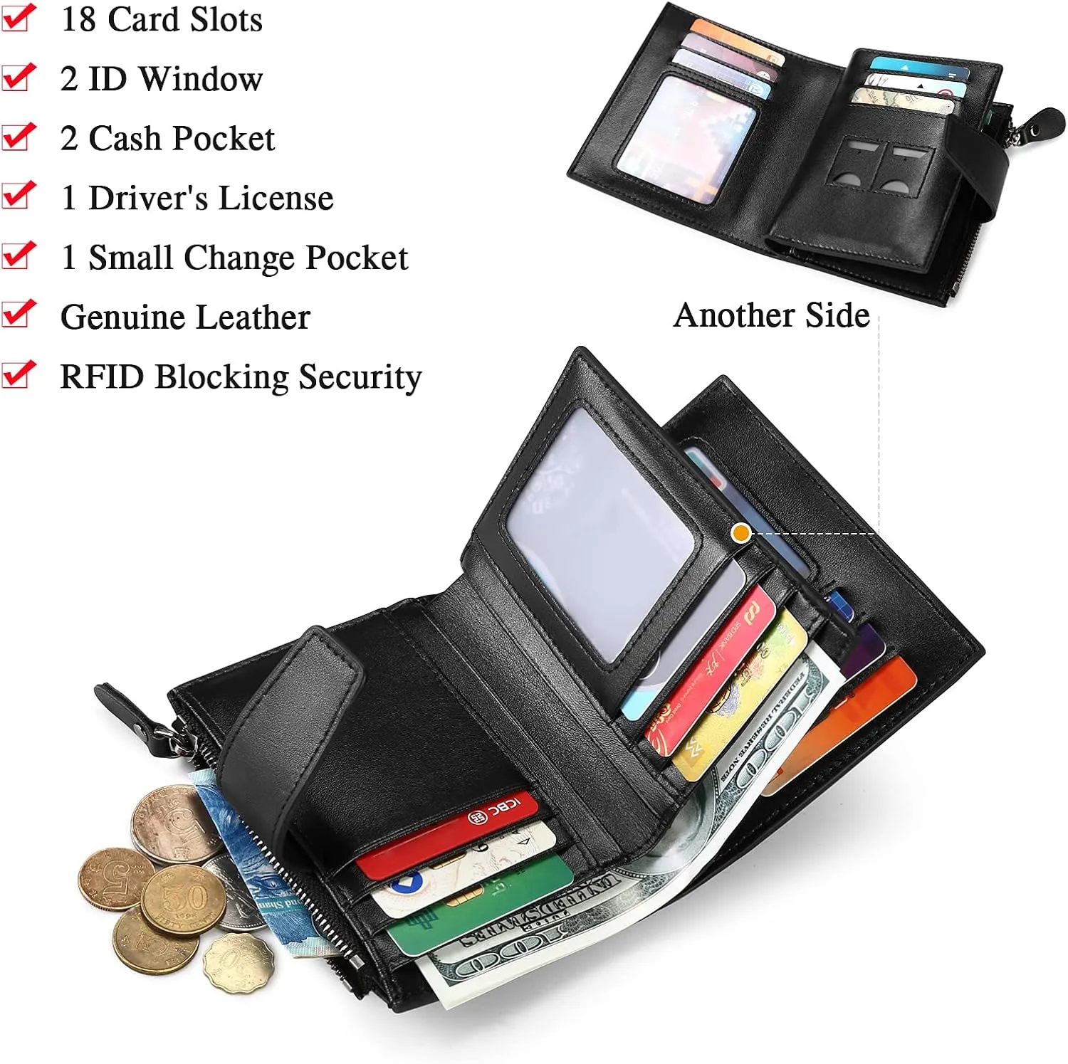 Men's Genuine Leather Wallet RFID Blocking Bifold Casual Wallet Large Capacity Zip Coin Pocket with 18 Card Slots & Removable Id Window (Black)