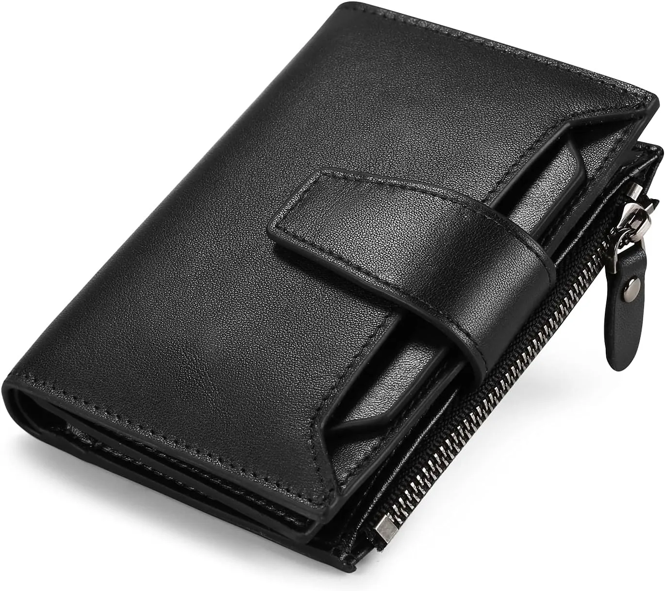 Men's Genuine Leather Wallet RFID Blocking Bifold Casual Wallet Large Capacity Zip Coin Pocket with 18 Card Slots & Removable Id Window (Black)