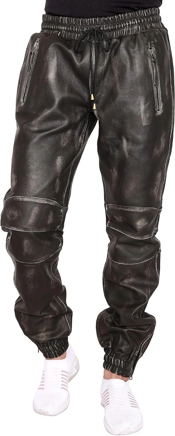 Mens Leather Joggers Pant for Bikers & Riders, Moto Sports Drawstring Pants, Trousers for Boys - Slim Fit Joggers