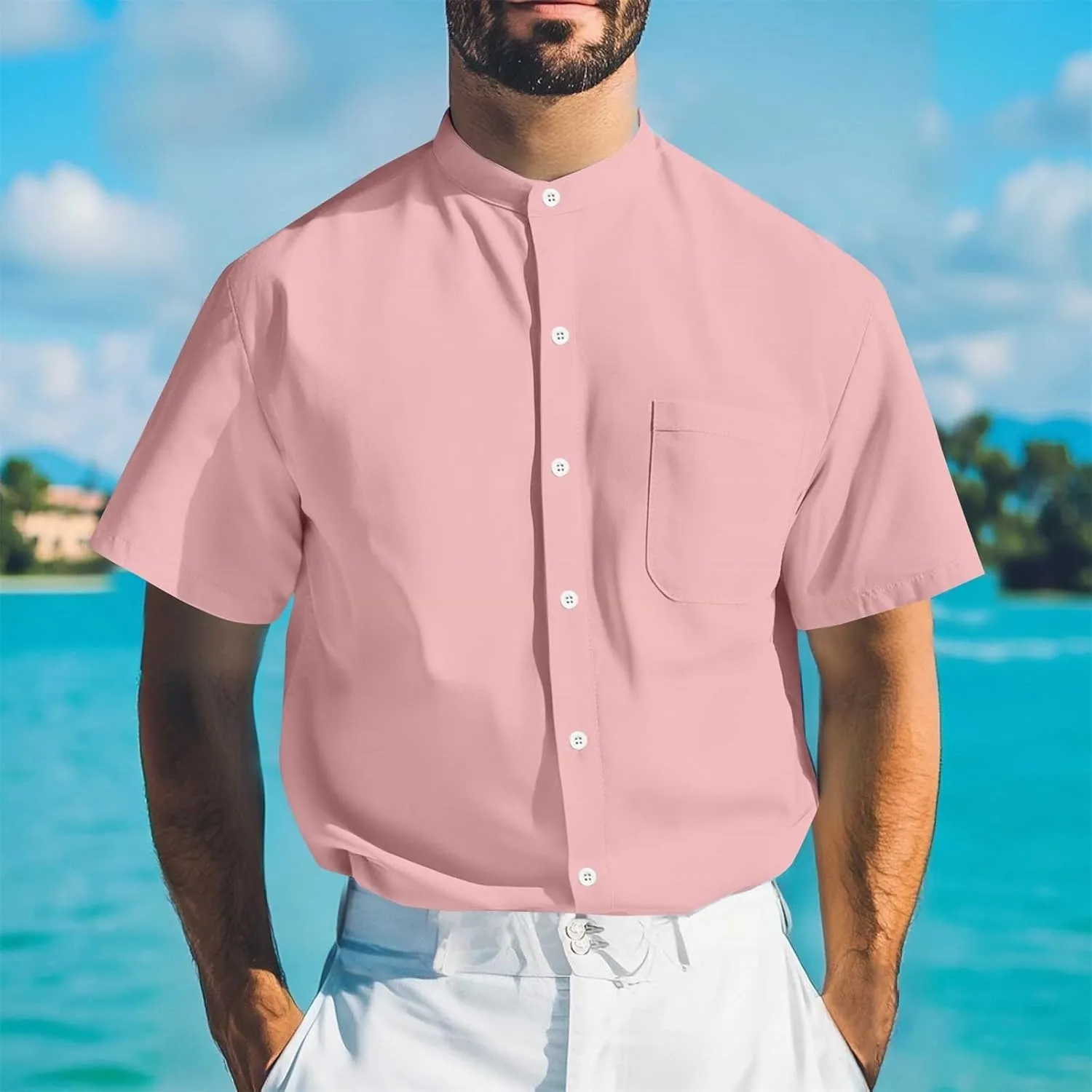 Mens Linen Shirts Short Sleeve Button Down Casual Summer Beach Shirts Oversized Soild Color Vacation Athletic Top