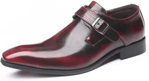 Men's Pointed Toe Men's Leather Shoes Buckle Low Heel Single-Layer Shoes Large Size Men's(Burgundy,43)