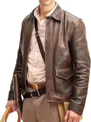 Men's Raiders of The Lost Harrison Jones Vintage Black Brown Bomber Leather Jacket Genuine Cowhide Distressed Leather Jacket (US, Alpha, X-Large, Regular, Regular, Distressed Brown)