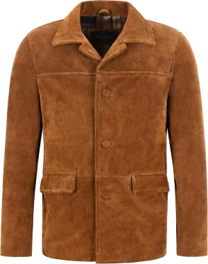 Men’s Real Cow Suede Leather Box Button Fashion Coat Tan Classic Collar Jacket 7742, Tan, Large