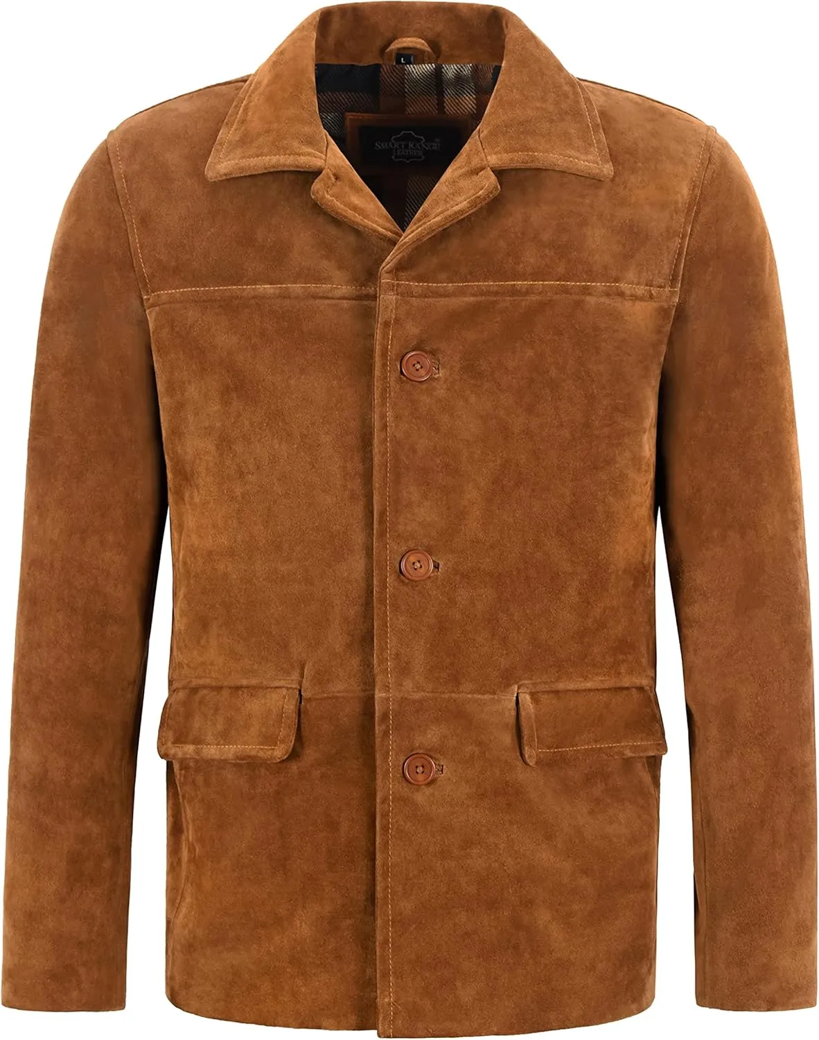 Men’s Real Cow Suede Leather Box Button Fashion Coat Tan Classic Collar Jacket 7742, Tan, Large
