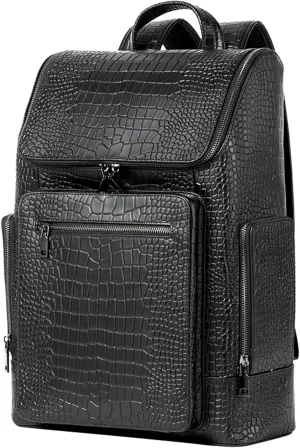 Men's Travel Backpack Genuine Leather Crocodile Print 15.6 inch Laptop Large Capacity Bookbag Casual Daypack