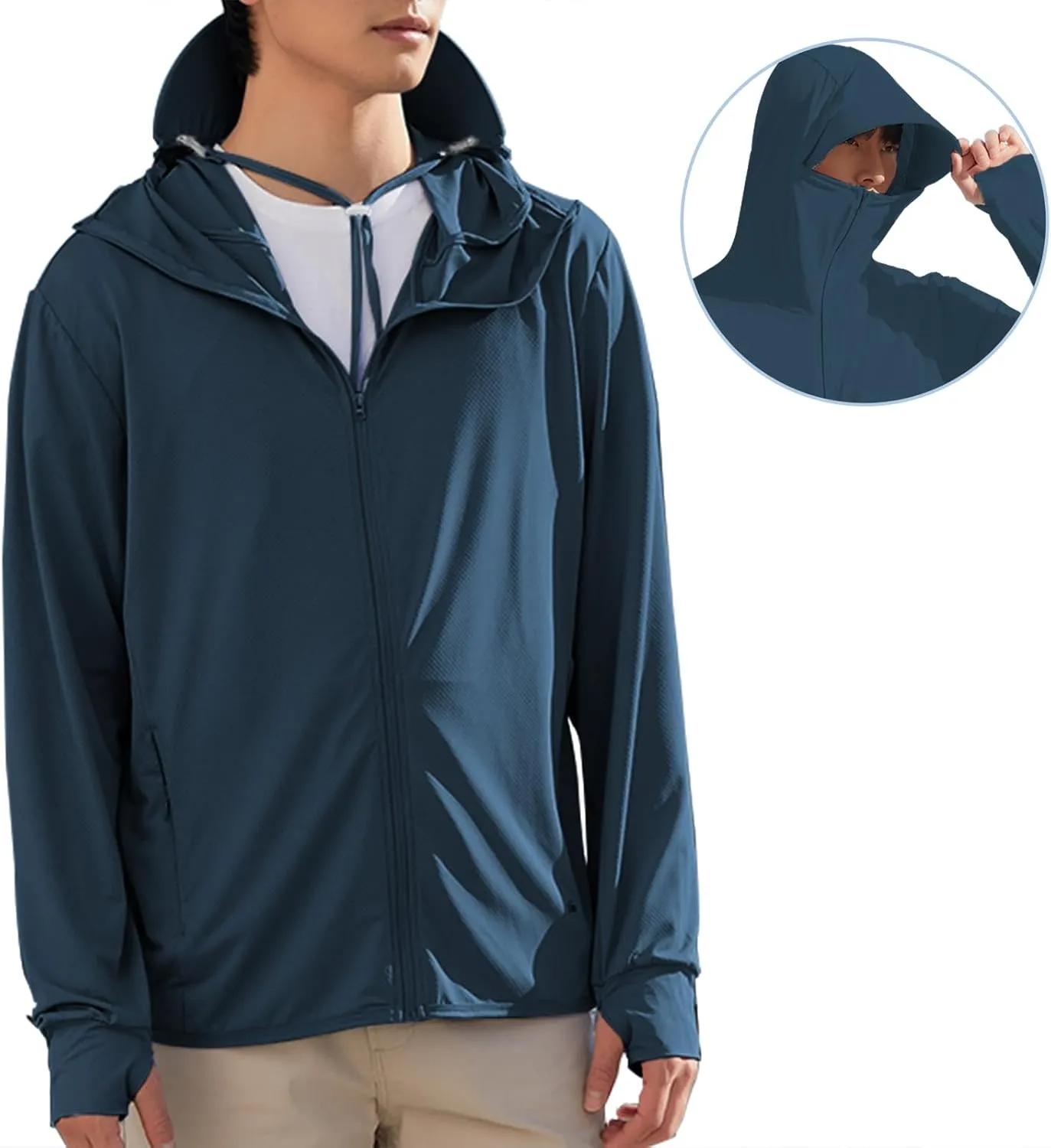 Men's UPF50  Sun Protection Hoodie Long Sleeve Thumbhole Elastic Quick Dry Sun Shirts Full Zipper Fishing Jacket