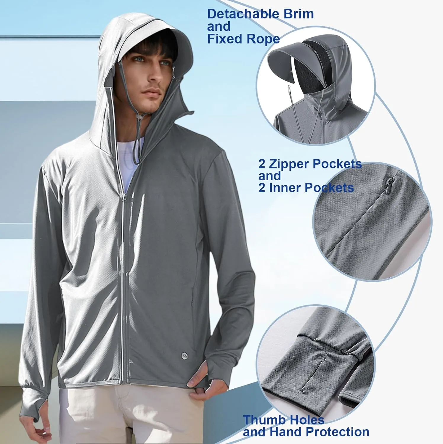 Men's UPF50  Sun Protection Hoodie Long Sleeve Thumbhole Elastic Quick Dry Sun Shirts Full Zipper Fishing Jacket