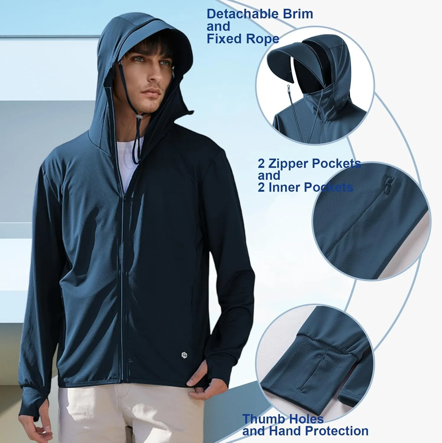 Men's UPF50  Sun Protection Hoodie Long Sleeve Thumbhole Elastic Quick Dry Sun Shirts Full Zipper Fishing Jacket