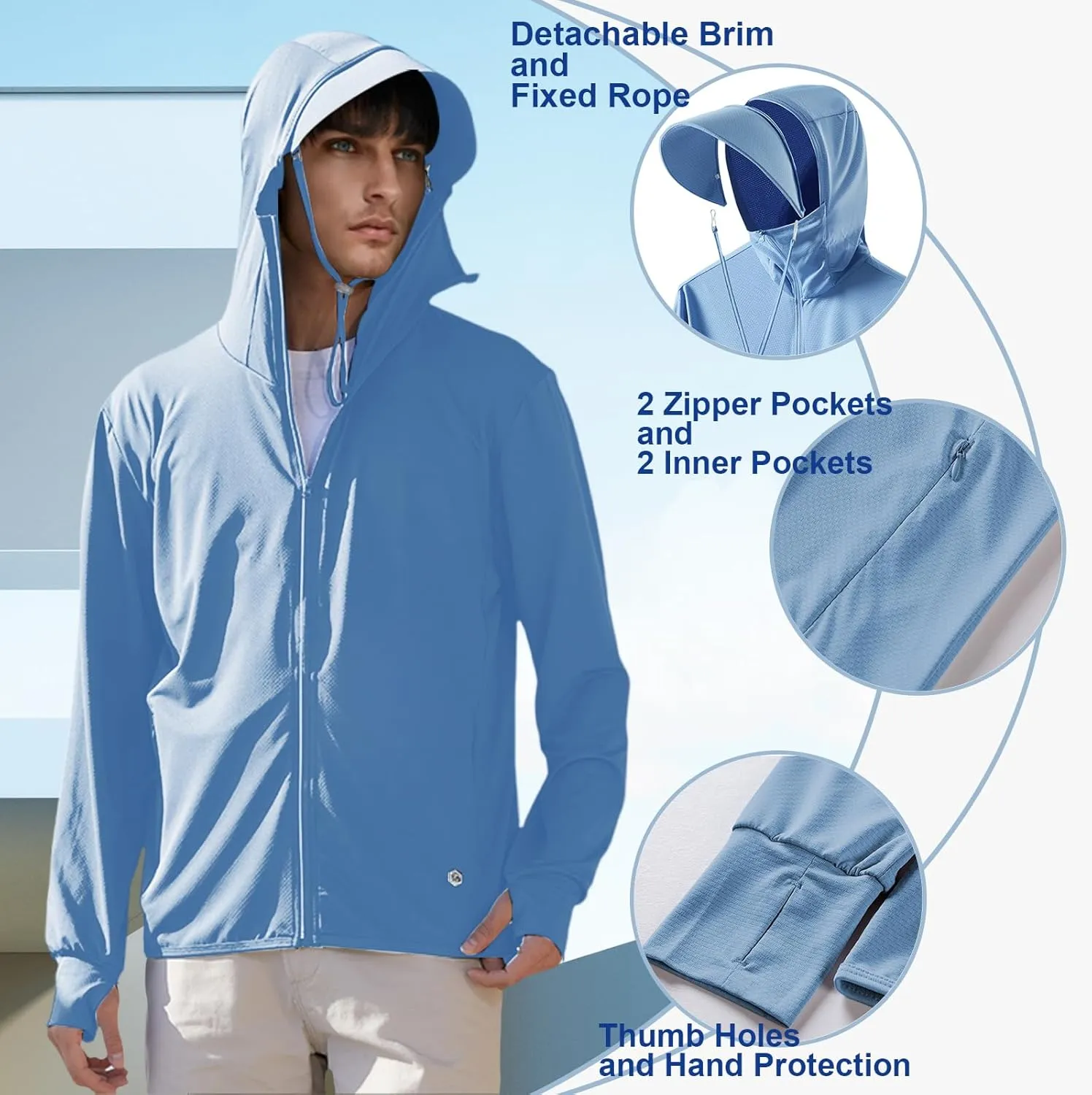 Men's UPF50  Sun Protection Hoodie Long Sleeve Thumbhole Elastic Quick Dry Sun Shirts Full Zipper Fishing Jacket