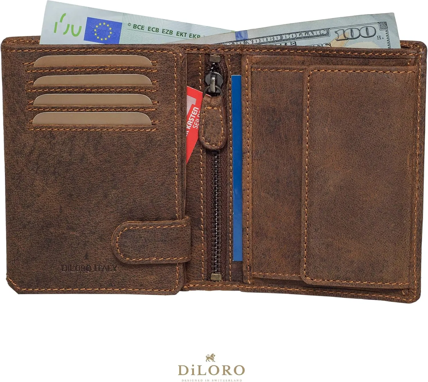 Mens Wallet RFID Blocking Genuine Full Grain Leather Bifold Wallet with Flip ID Coin and Secure Zip Compartment Extra Large (Dark Hunter Brown)