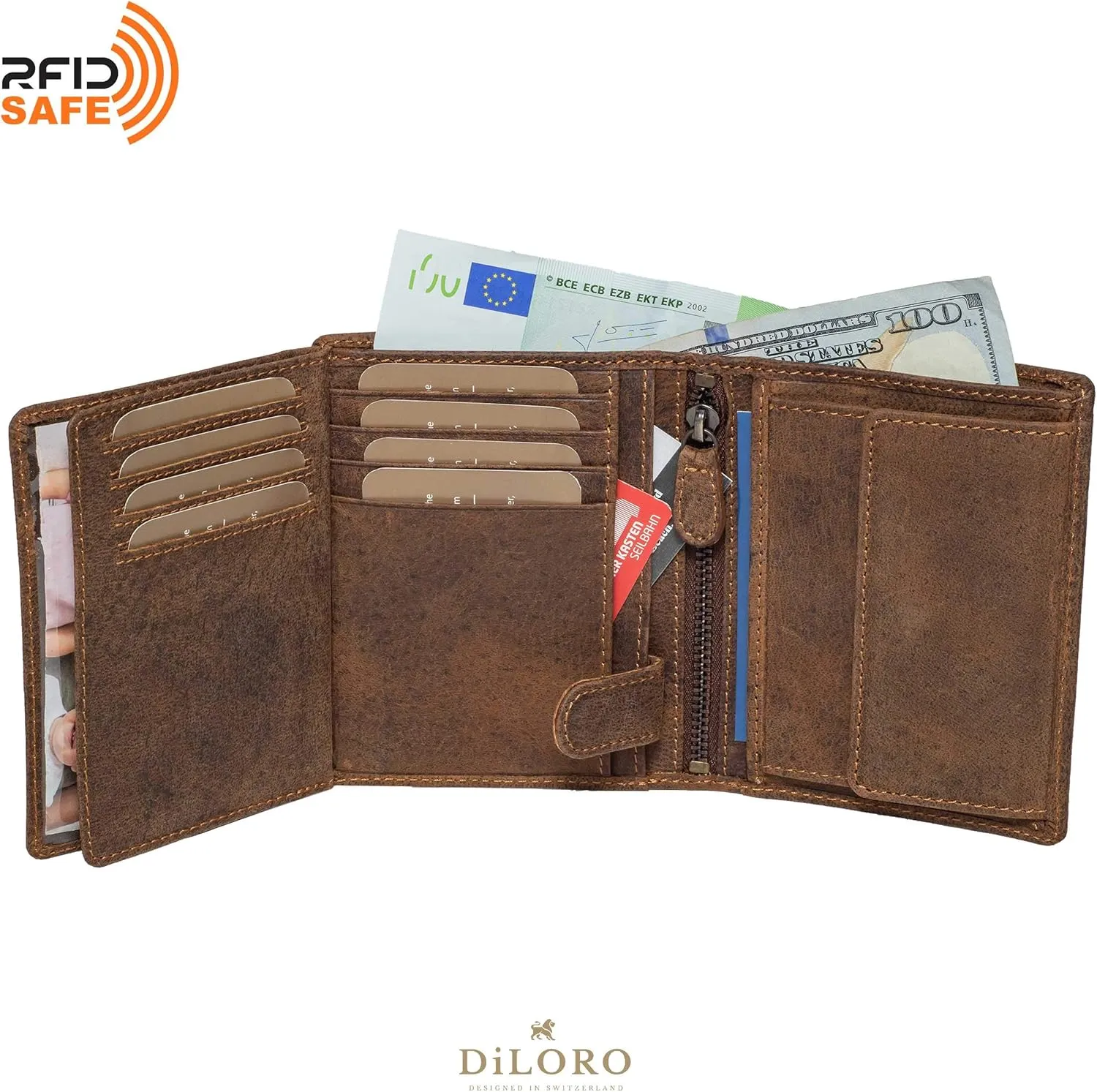 Mens Wallet RFID Blocking Genuine Full Grain Leather Bifold Wallet with Flip ID Coin and Secure Zip Compartment Extra Large (Dark Hunter Brown)