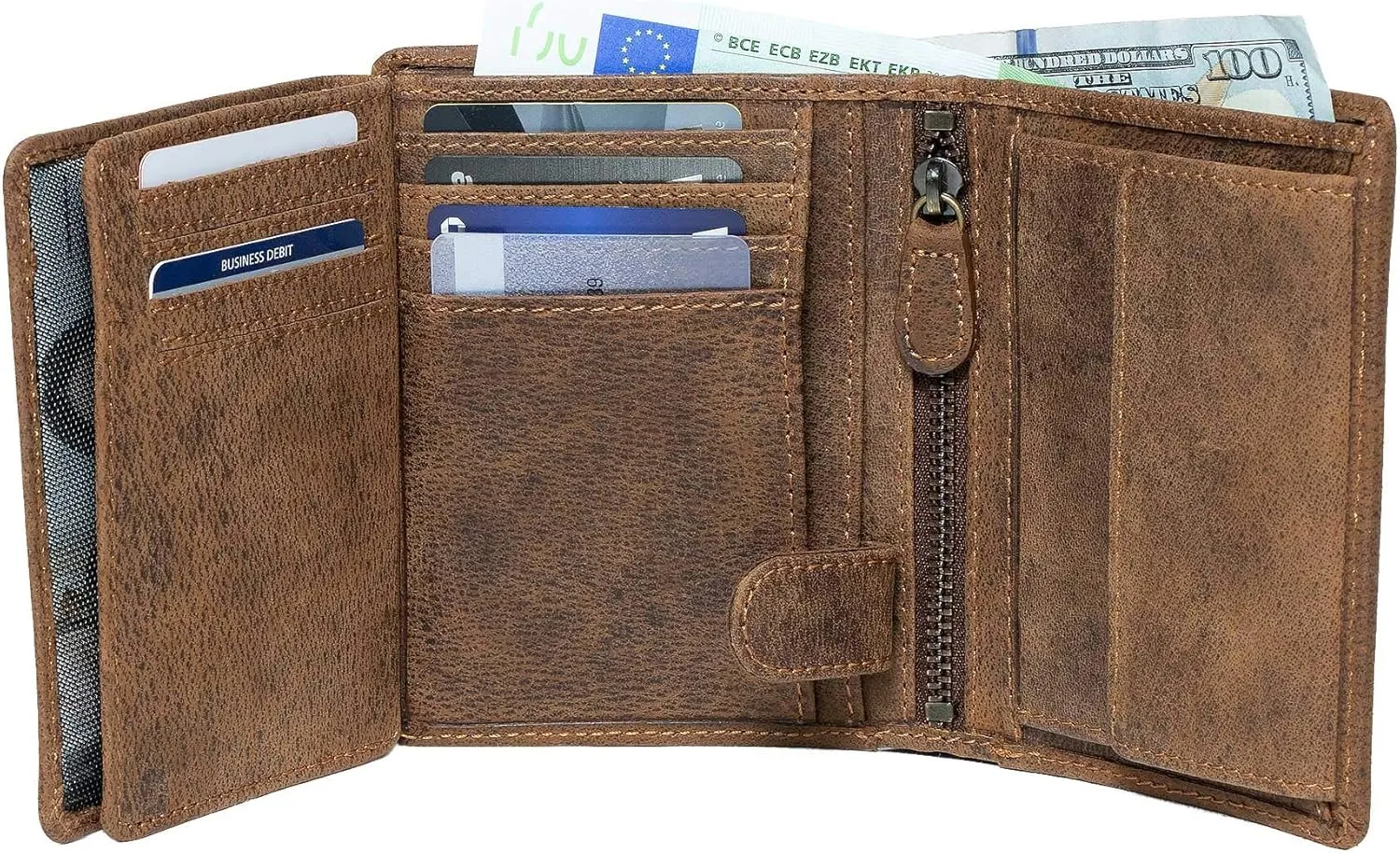 Mens Wallet RFID Blocking Genuine Full Grain Leather Bifold Wallet with Flip ID Coin and Secure Zip Compartment Extra Large (Dark Hunter Brown)