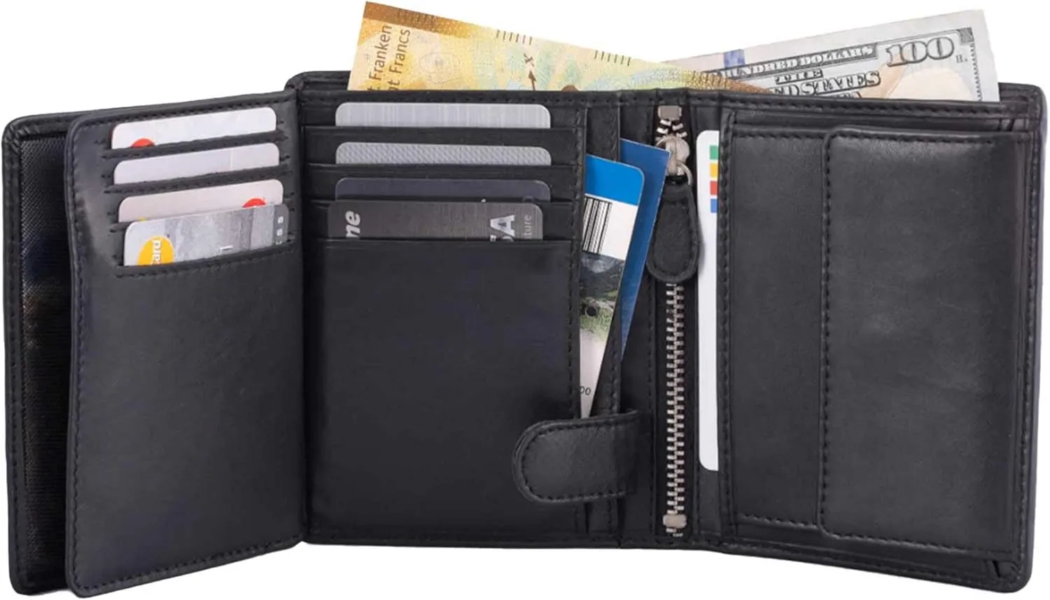 Mens Wallets Italy Bifold Flip ID Leather Wallet Vertical Slots Coin and Zip Compartment Large Capacity RFID Blocking (Polished Nappa Black)