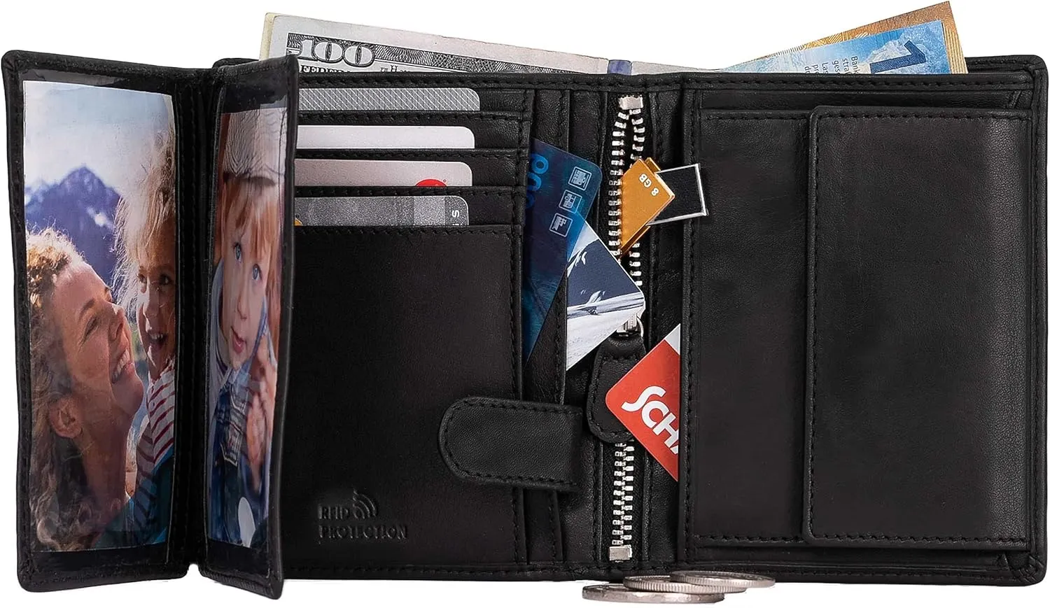 Mens Wallets Italy Bifold Flip ID Leather Wallet Vertical Slots Coin and Zip Compartment Large Capacity RFID Blocking (Polished Nappa Black)