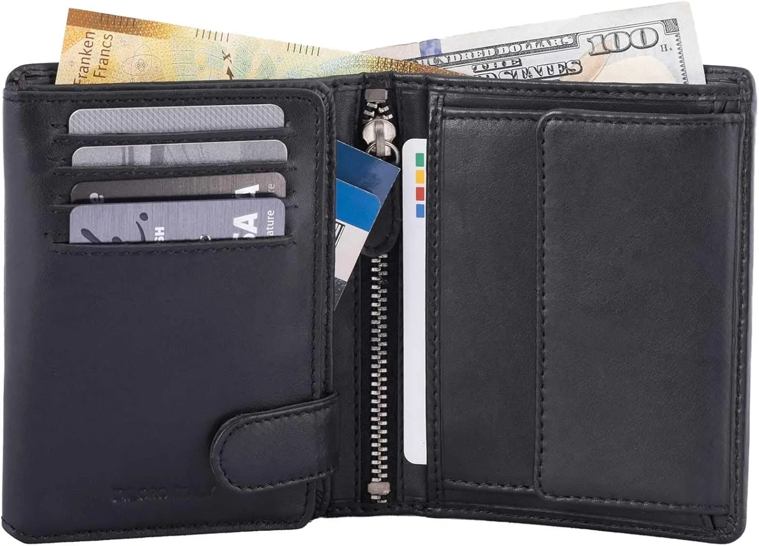 Mens Wallets Italy Bifold Flip ID Leather Wallet Vertical Slots Coin and Zip Compartment Large Capacity RFID Blocking (Polished Nappa Black)