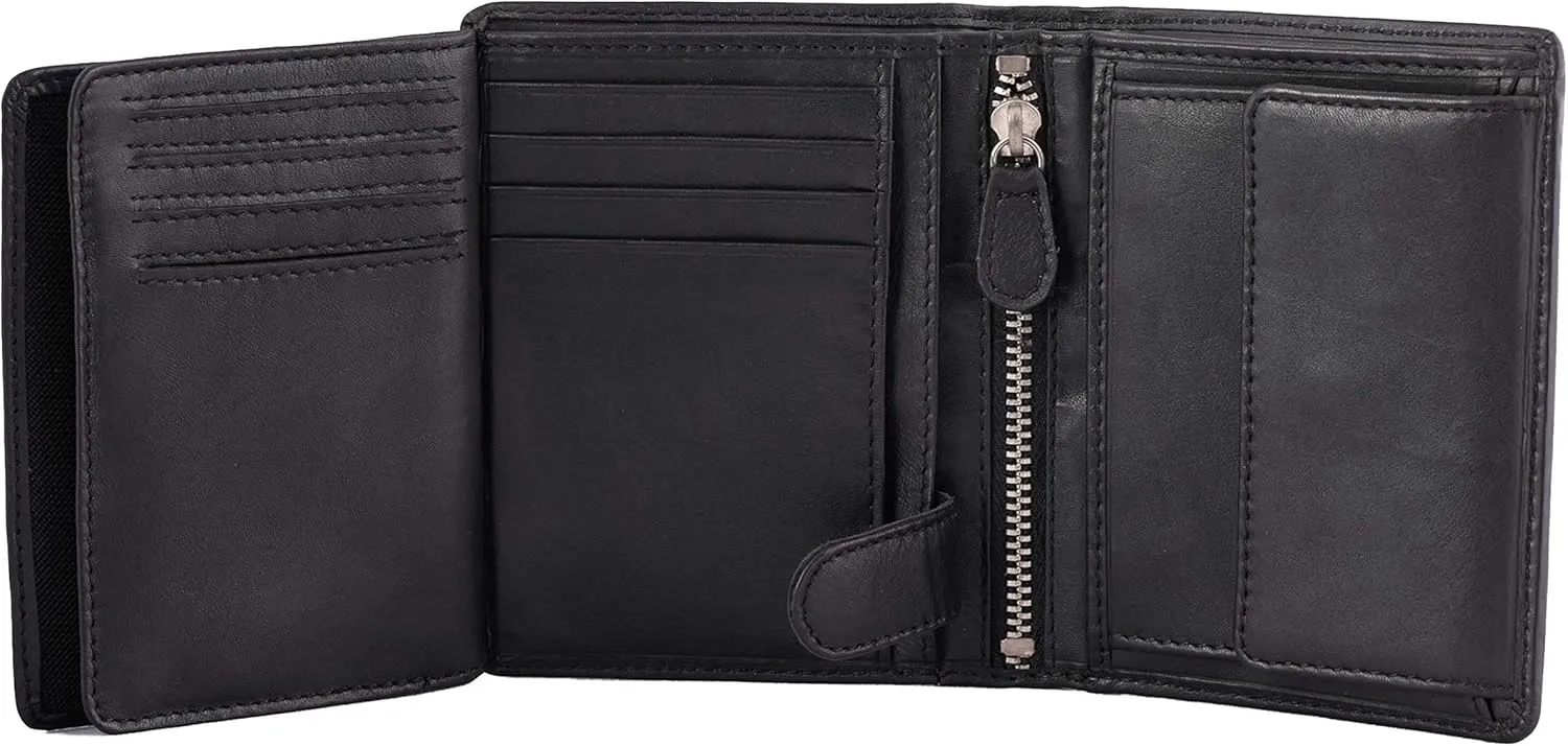 Mens Wallets Italy Bifold Flip ID Leather Wallet Vertical Slots Coin and Zip Compartment Large Capacity RFID Blocking (Polished Nappa Black)