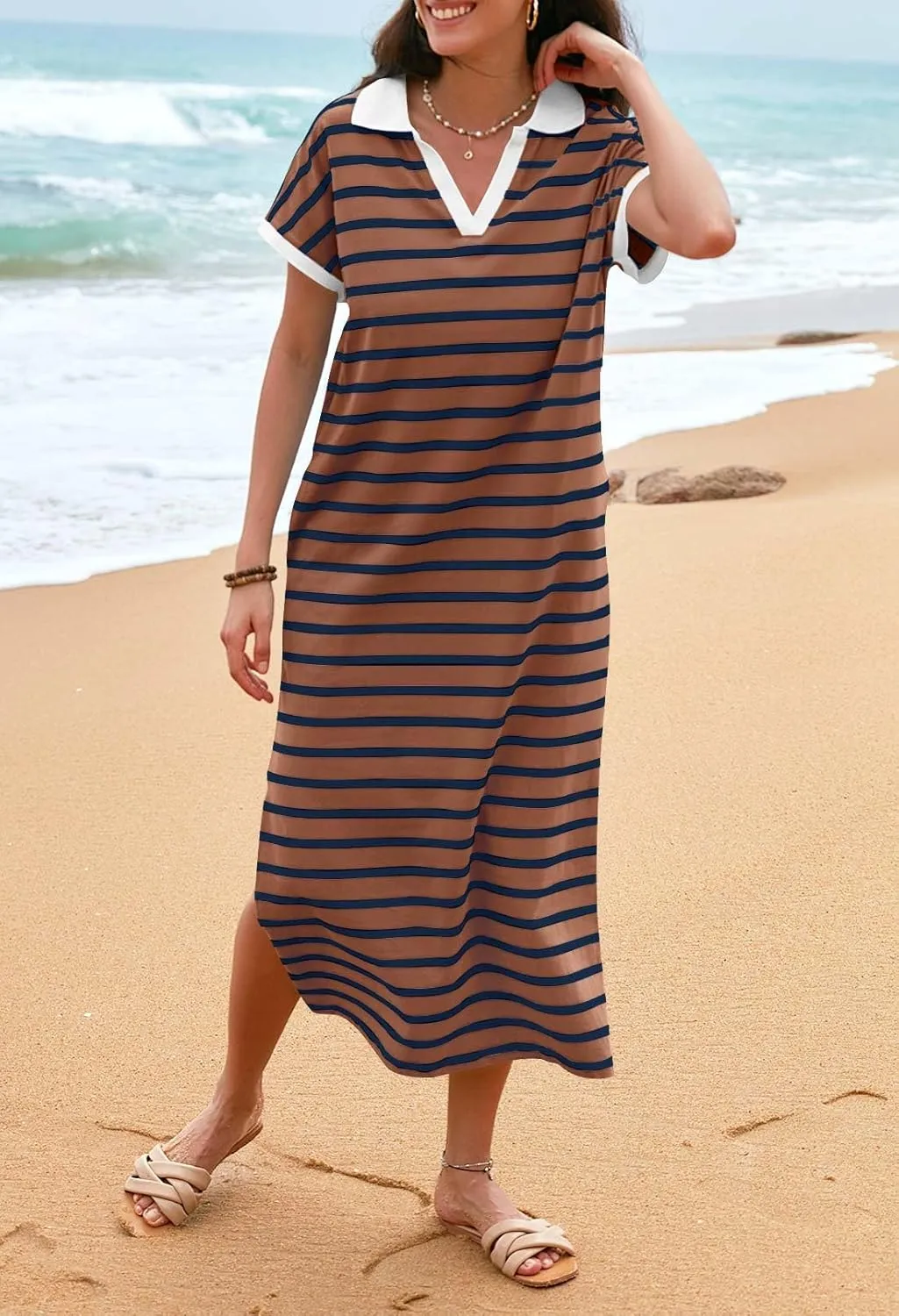 MEROKEETY Women's Summer Striped Short Sleeve Dress V Neck Collared Side Slit Casual Beach Maxi Dresses