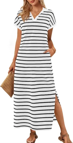 MEROKEETY Women's Summer Striped Short Sleeve Dress V Neck Collared Side Slit Casual Beach Maxi Dresses