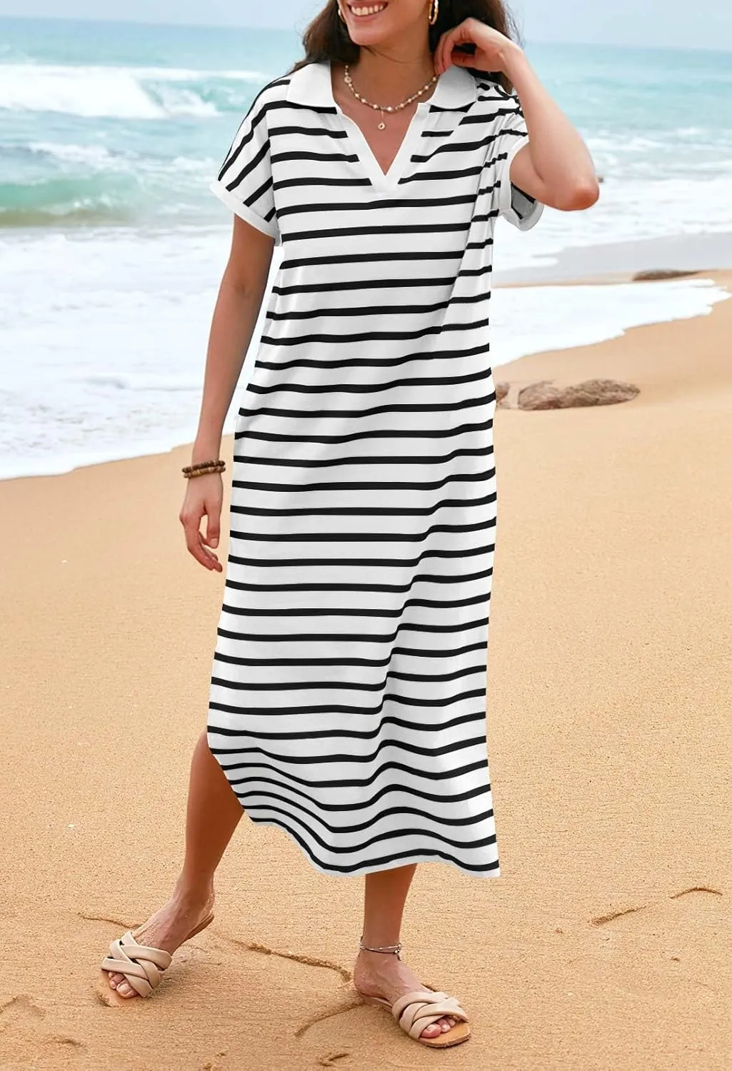 MEROKEETY Women's Summer Striped Short Sleeve Dress V Neck Collared Side Slit Casual Beach Maxi Dresses