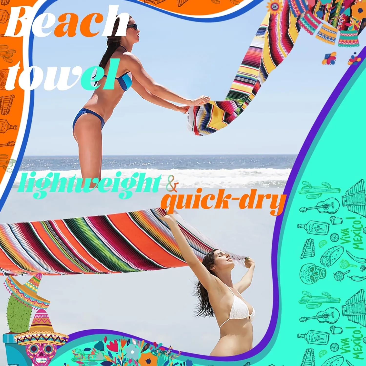 Mexican Beach Blanket Towel Cotton Turkish Beach Towels Oversized Sand Free Quick Dry Pool Swim Extra Large Adult Women Men Travel Fast Drying Lightweight Towel Clearance Compact No Sand Packable