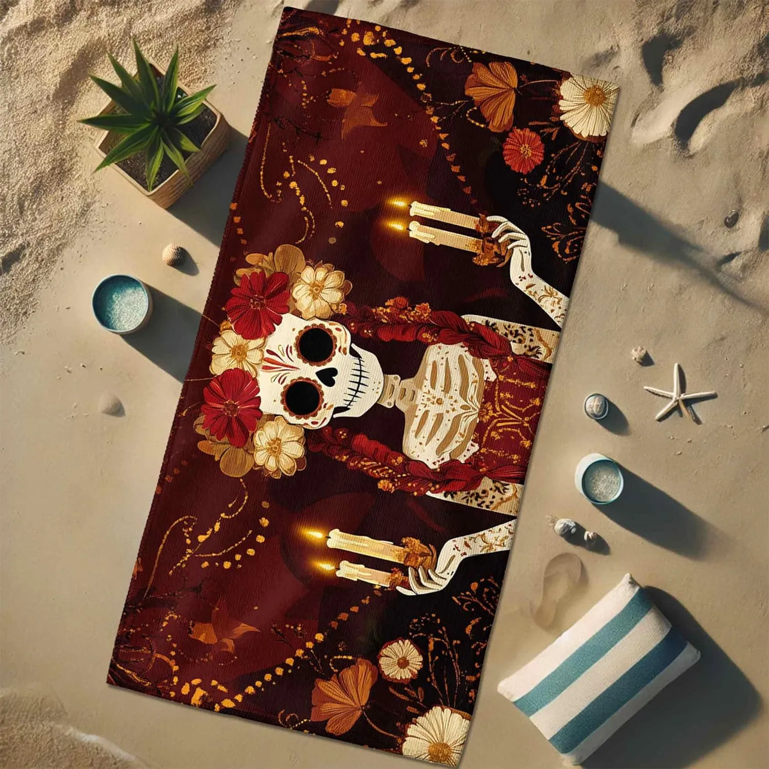 Mexican Sugar Skull Microfiber Beach Towel Red Floral Day of The Dead Bath Towel, Quick Dry Sand Free Absorbent Lightweight Beach Blanket, Outdoor Travel Pool Picnic Essentials 62x31 Inch