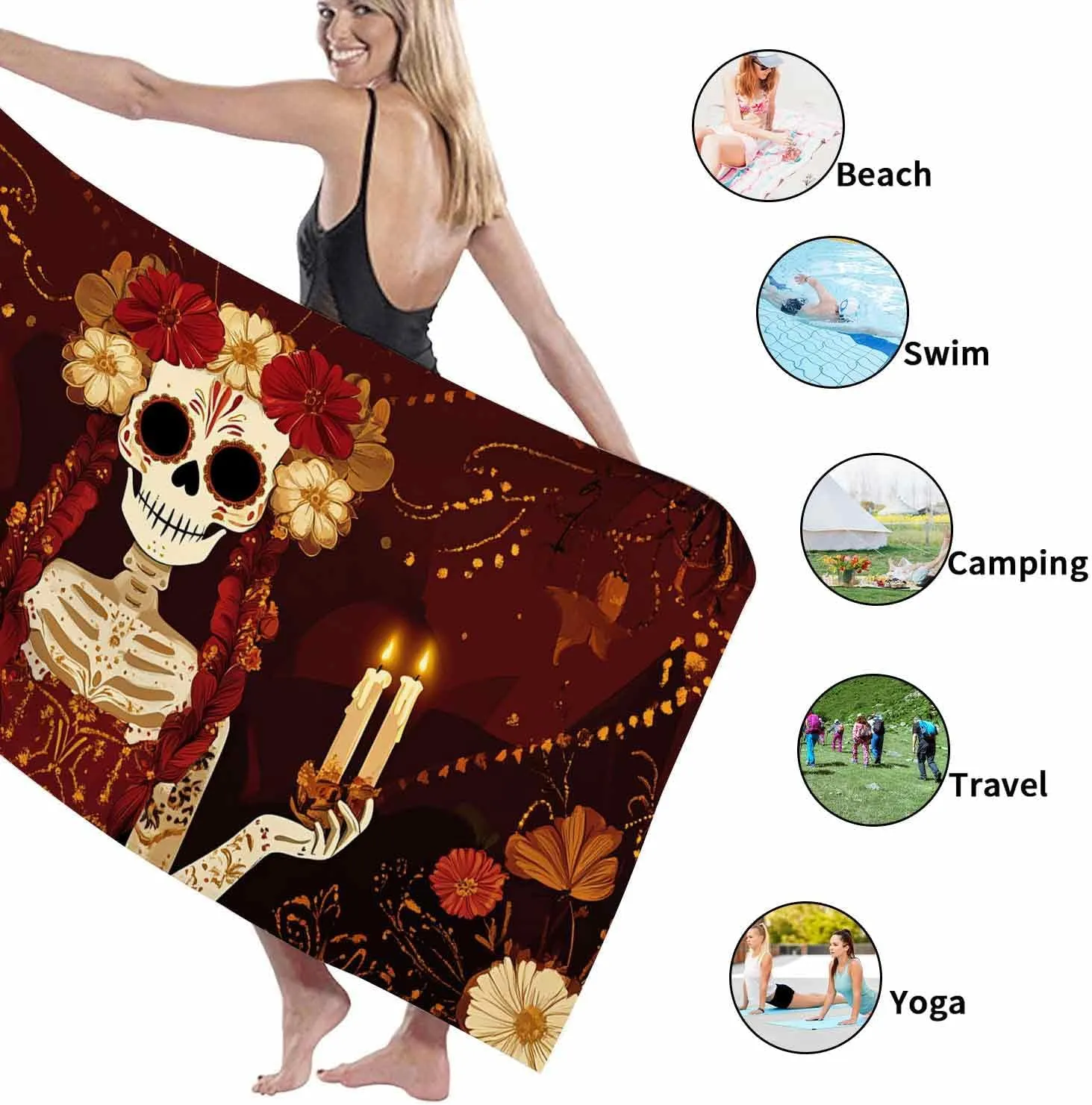 Mexican Sugar Skull Microfiber Beach Towel Red Floral Day of The Dead Bath Towel, Quick Dry Sand Free Absorbent Lightweight Beach Blanket, Outdoor Travel Pool Picnic Essentials 62x31 Inch