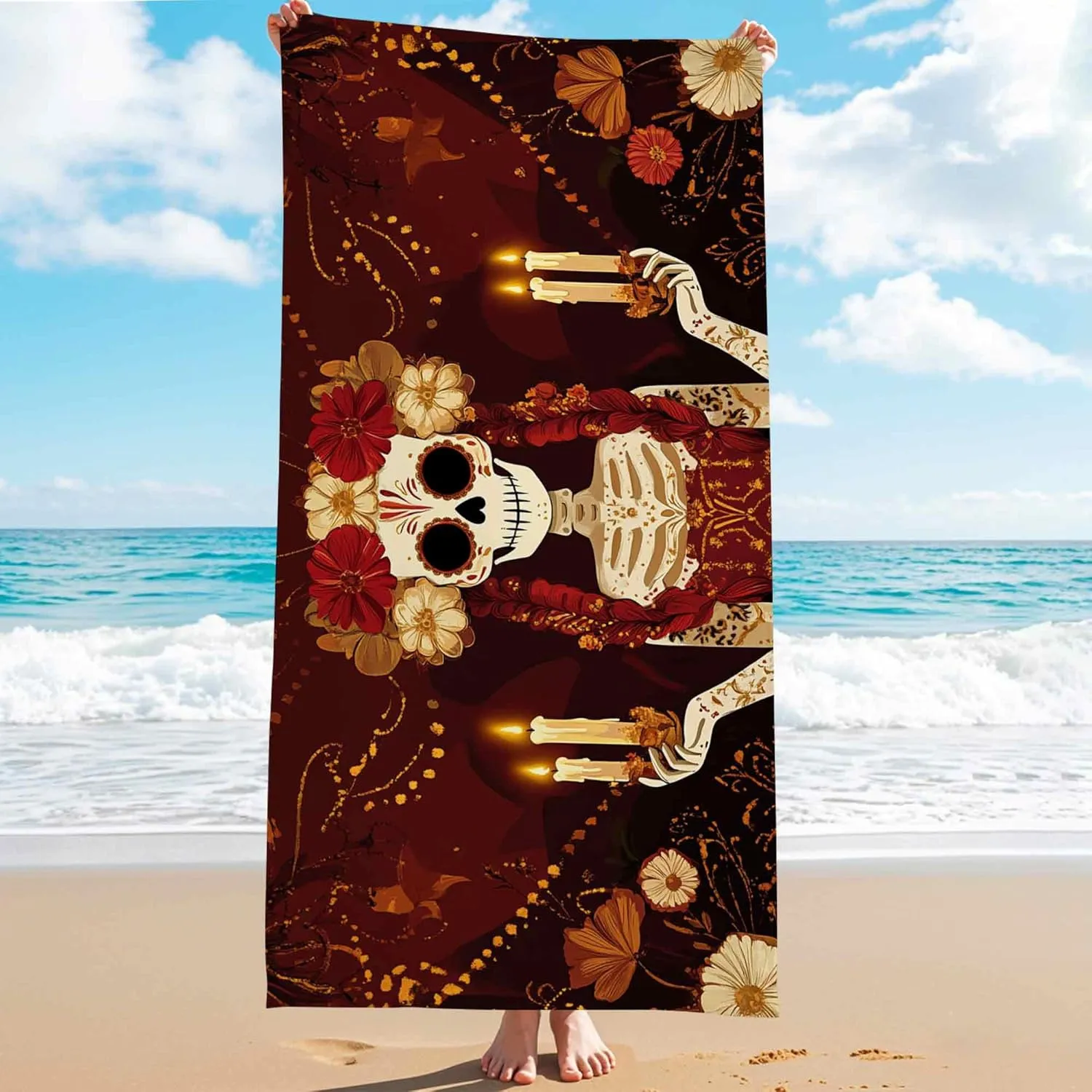 Mexican Sugar Skull Microfiber Beach Towel Red Floral Day of The Dead Bath Towel, Quick Dry Sand Free Absorbent Lightweight Beach Blanket, Outdoor Travel Pool Picnic Essentials 62x31 Inch