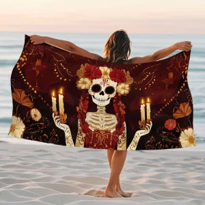 Mexican Sugar Skull Microfiber Beach Towel Red Floral Day of The Dead Bath Towel, Quick Dry Sand Free Absorbent Lightweight Beach Blanket, Outdoor Travel Pool Picnic Essentials 62x31 Inch