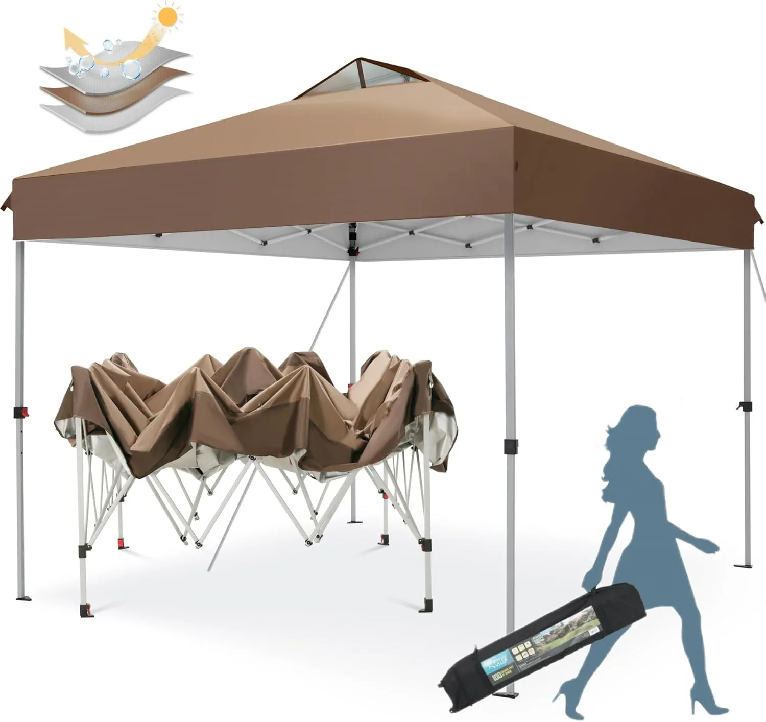 MFSTUDIO 10x10 Outdoor Pop Up Canopy Tent, Easy Set-up Straight Leg Folding Instant Shelter for Beach, Party and Camping, 100 Sq. Ft of Shade, Dark & Light Brown