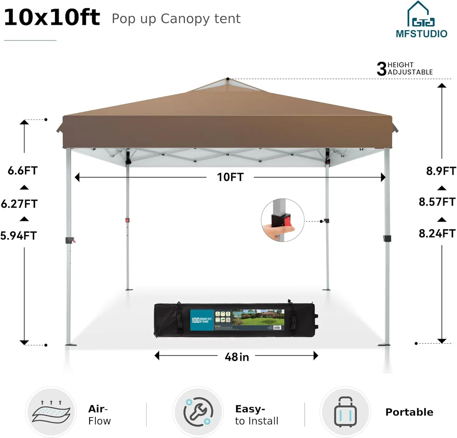 MFSTUDIO 10x10 Outdoor Pop Up Canopy Tent, Easy Set-up Straight Leg Folding Instant Shelter for Beach, Party and Camping, 100 Sq. Ft of Shade, Dark & Light Brown