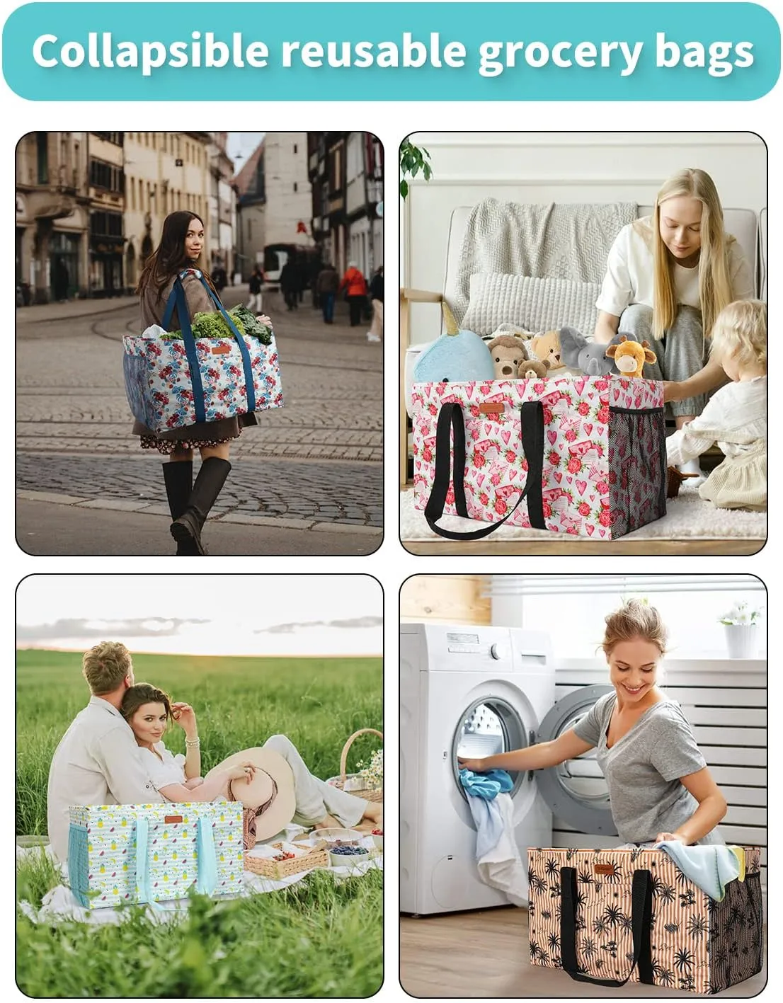 MHOMER Reusable Grocery Bags Extra Waterproof Large Utility Tote Bag with Carrying Handles Foldable Shopping Bags for Storage Space Saving Reinforced Bottom Durable Oxford Fabric Coconut Pattern