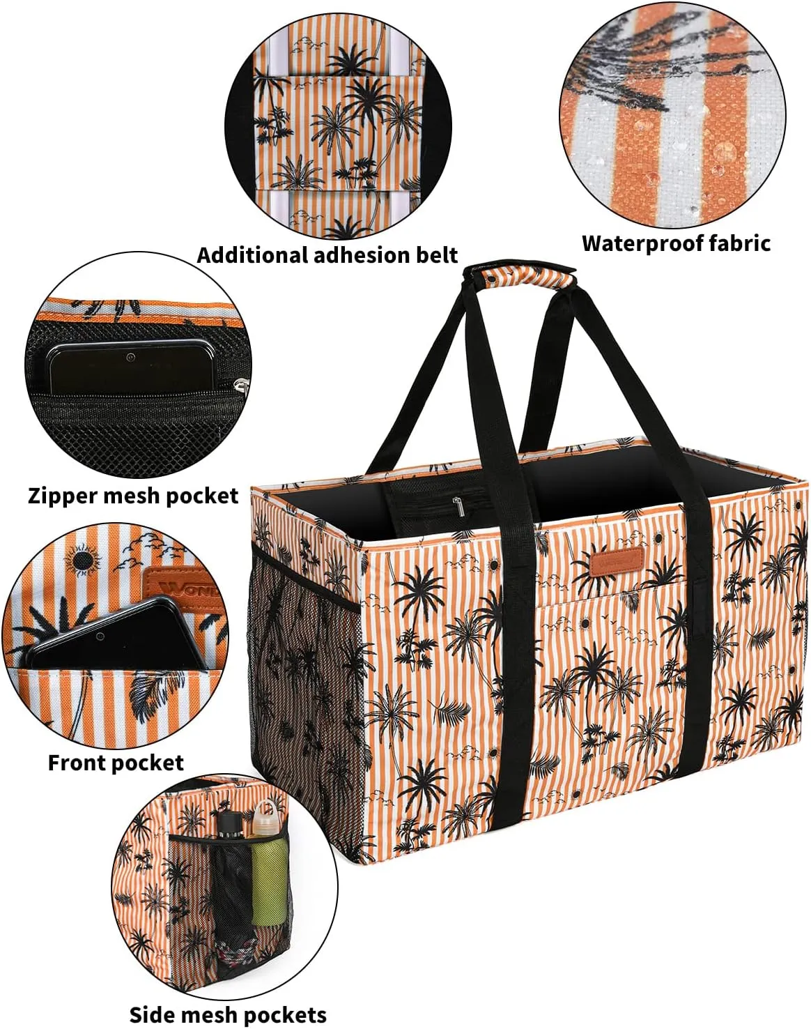 MHOMER Reusable Grocery Bags Extra Waterproof Large Utility Tote Bag with Carrying Handles Foldable Shopping Bags for Storage Space Saving Reinforced Bottom Durable Oxford Fabric Coconut Pattern