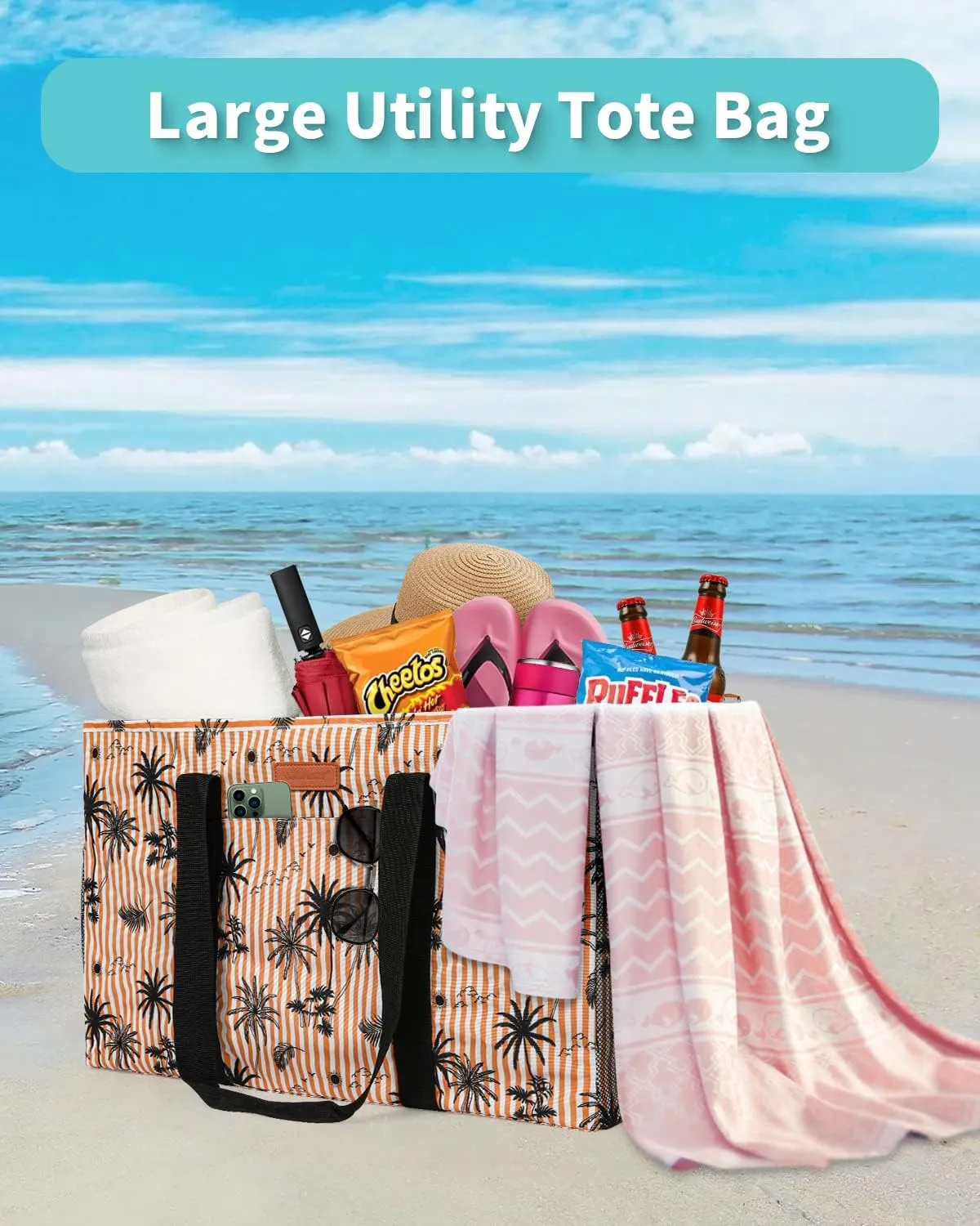 MHOMER Reusable Grocery Bags Extra Waterproof Large Utility Tote Bag with Carrying Handles Foldable Shopping Bags for Storage Space Saving Reinforced Bottom Durable Oxford Fabric Coconut Pattern