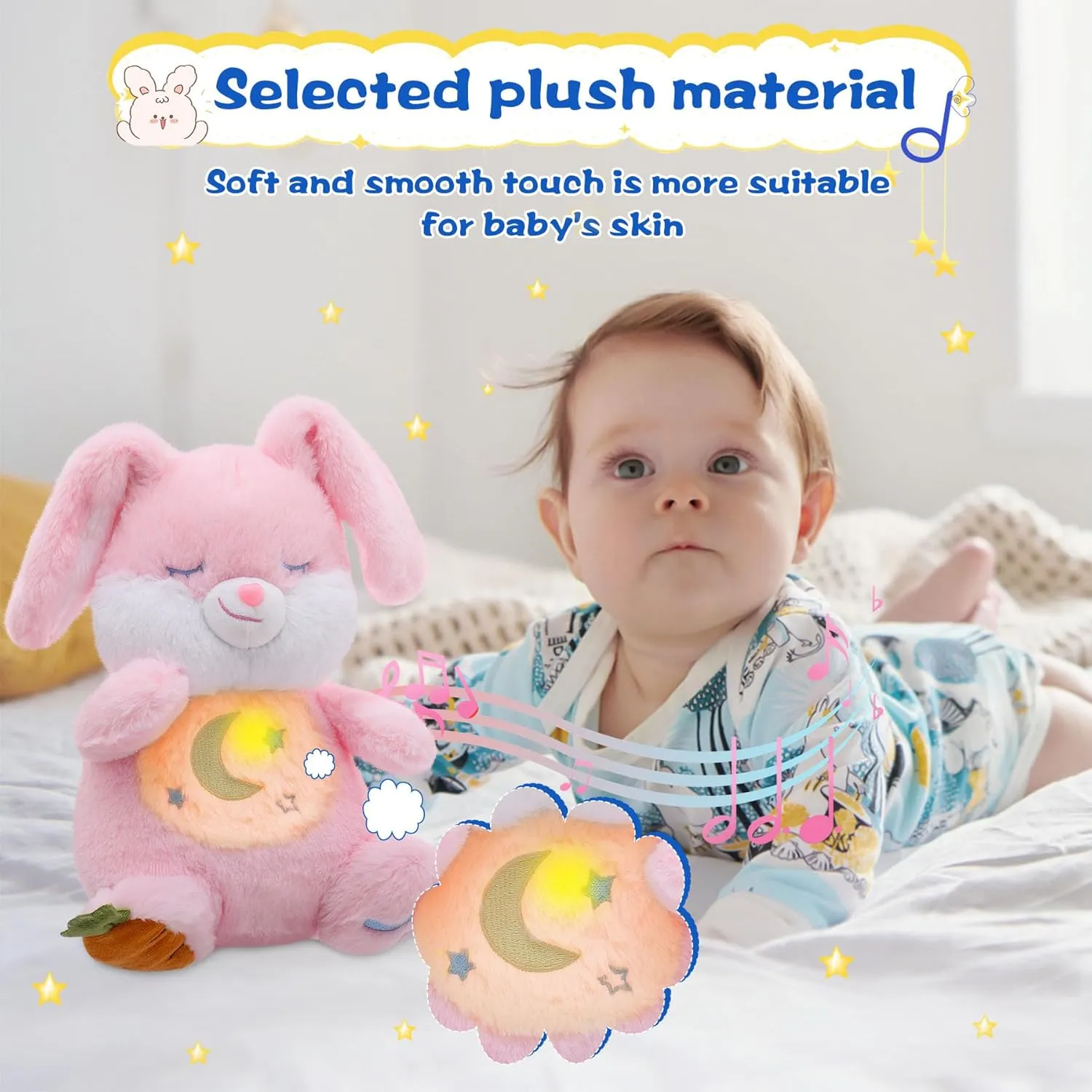 MIAODAM Breathing Stuffed Animal Bunny Plush with Realistic Breathing Action and Lighted Music Perfect for Babies and Kids