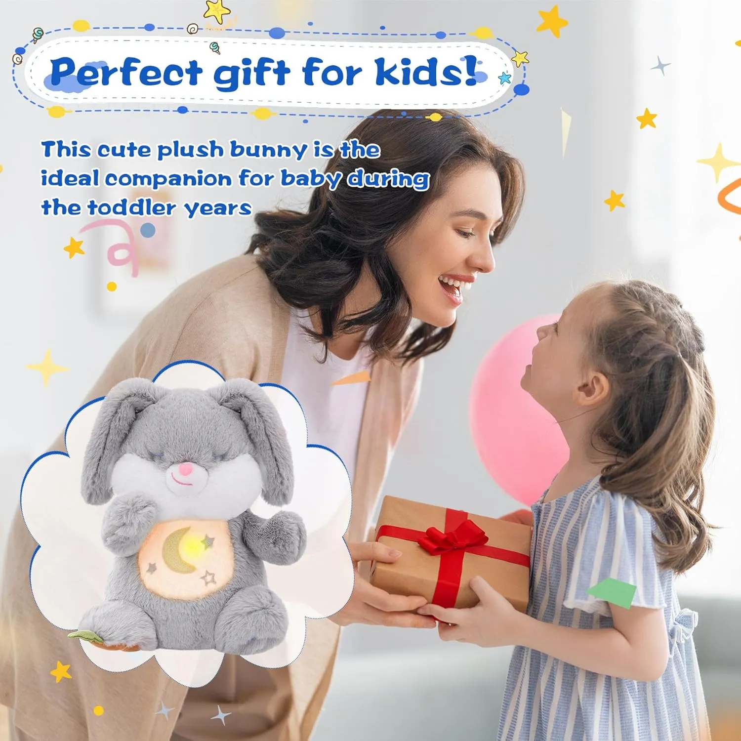MIAODAM Breathing Stuffed Animal Bunny Plush with Realistic Breathing Action and Lighted Music Perfect for Babies and Kids