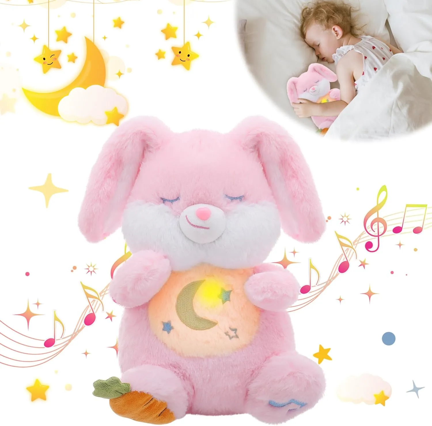 MIAODAM Breathing Stuffed Animal Bunny Plush with Realistic Breathing Action and Lighted Music Perfect for Babies and Kids