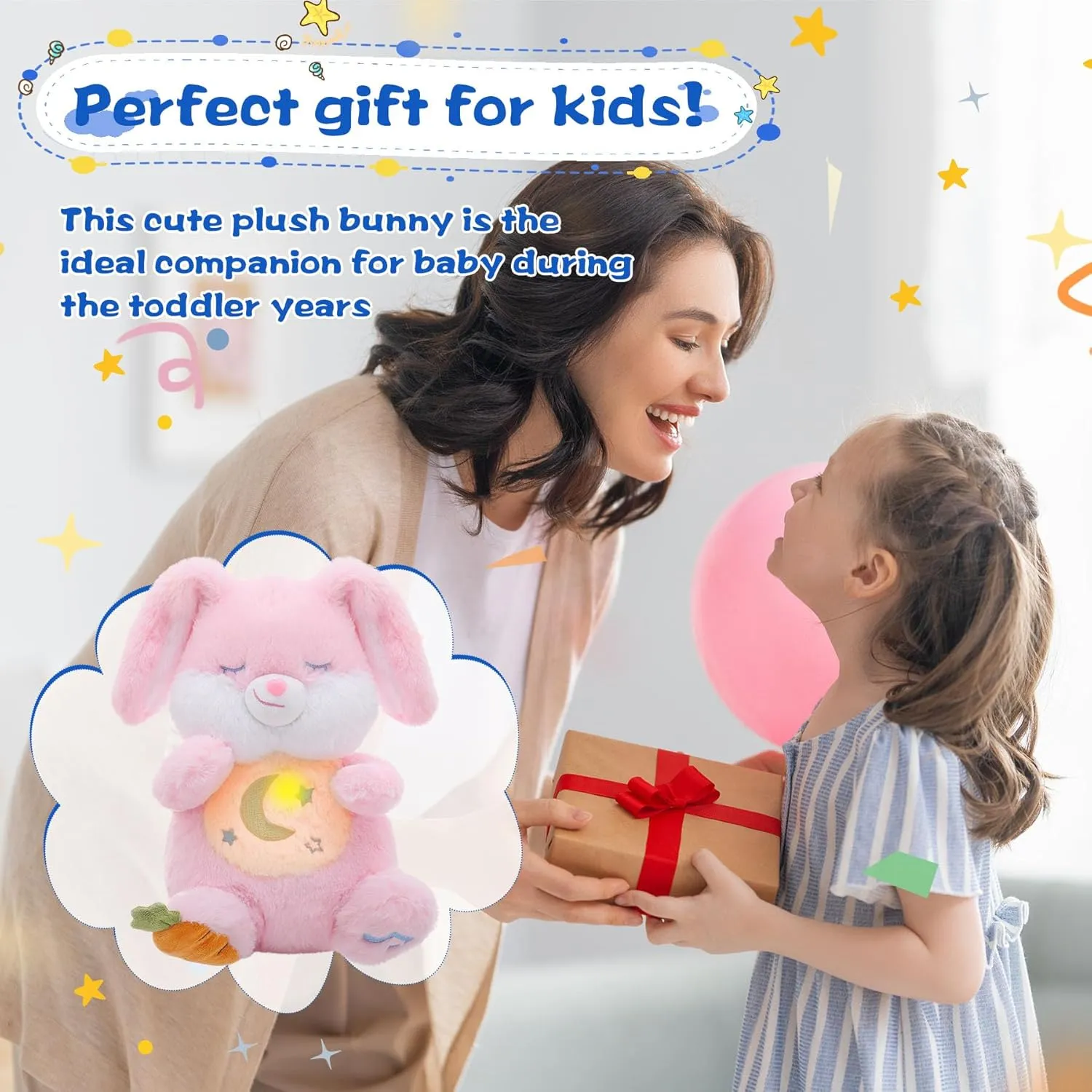 MIAODAM Breathing Stuffed Animal Bunny Plush with Realistic Breathing Action and Lighted Music Perfect for Babies and Kids