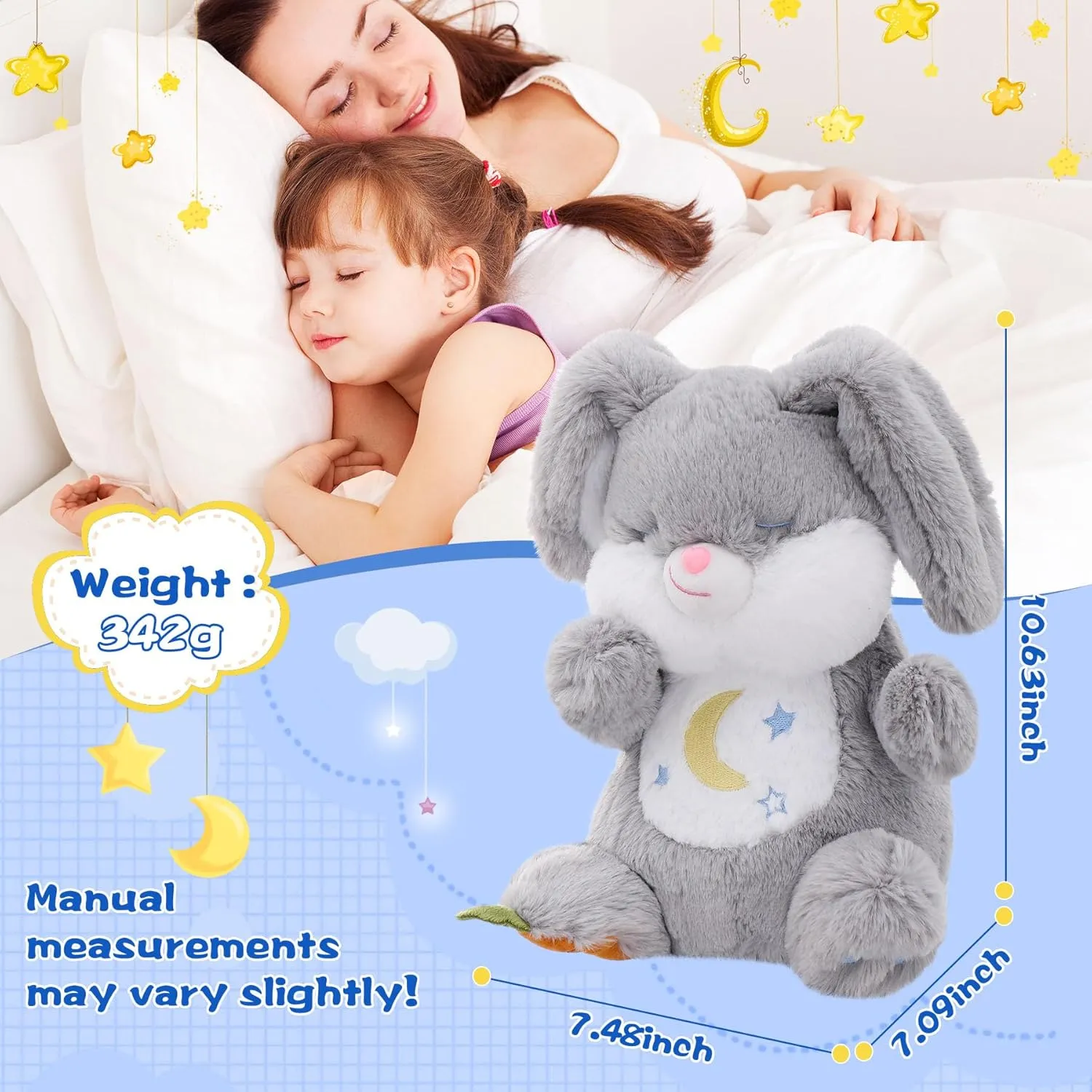 MIAODAM Breathing Stuffed Animal Bunny Plush with Realistic Breathing Action and Lighted Music Perfect for Babies and Kids