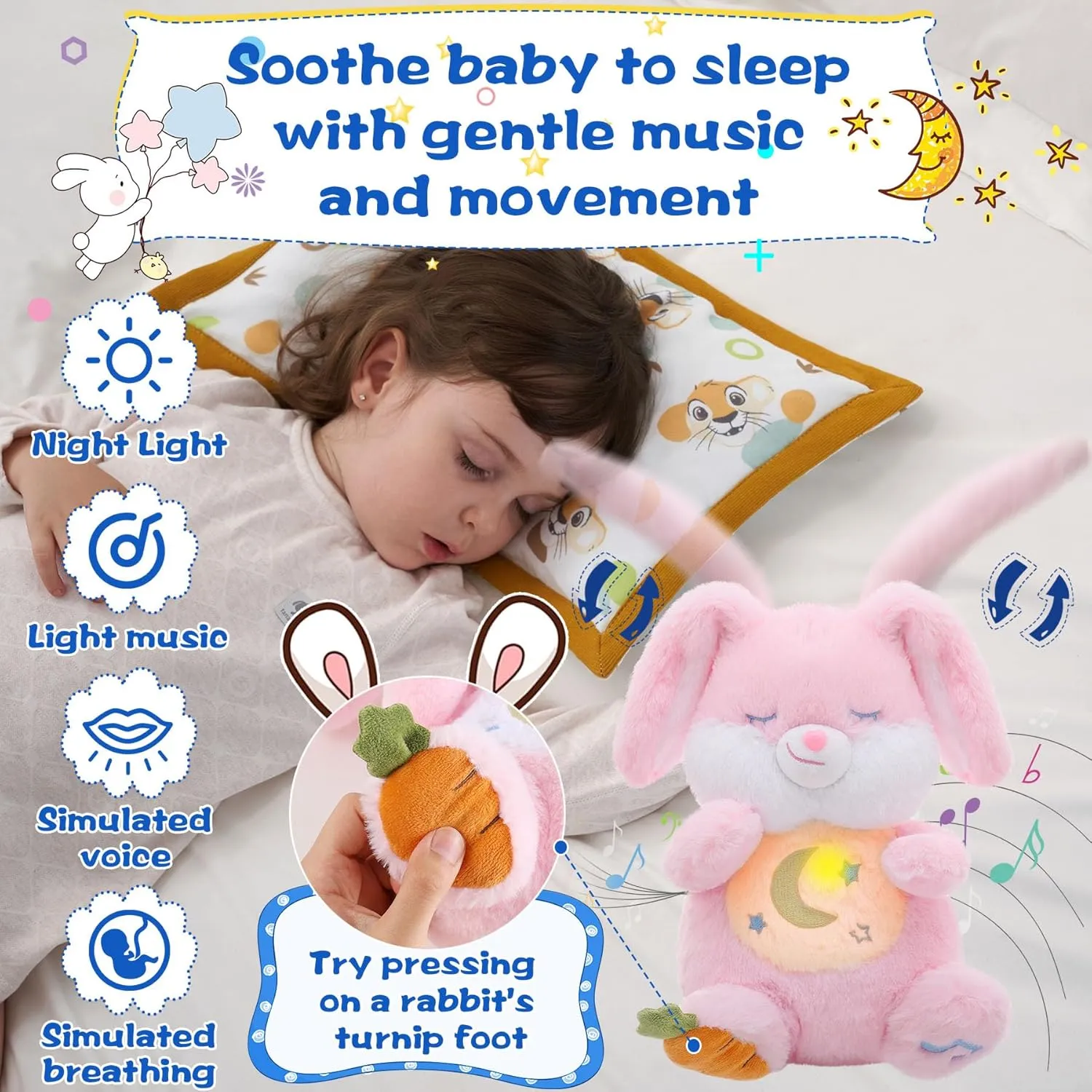 MIAODAM Breathing Stuffed Animal Bunny Plush with Realistic Breathing Action and Lighted Music Perfect for Babies and Kids