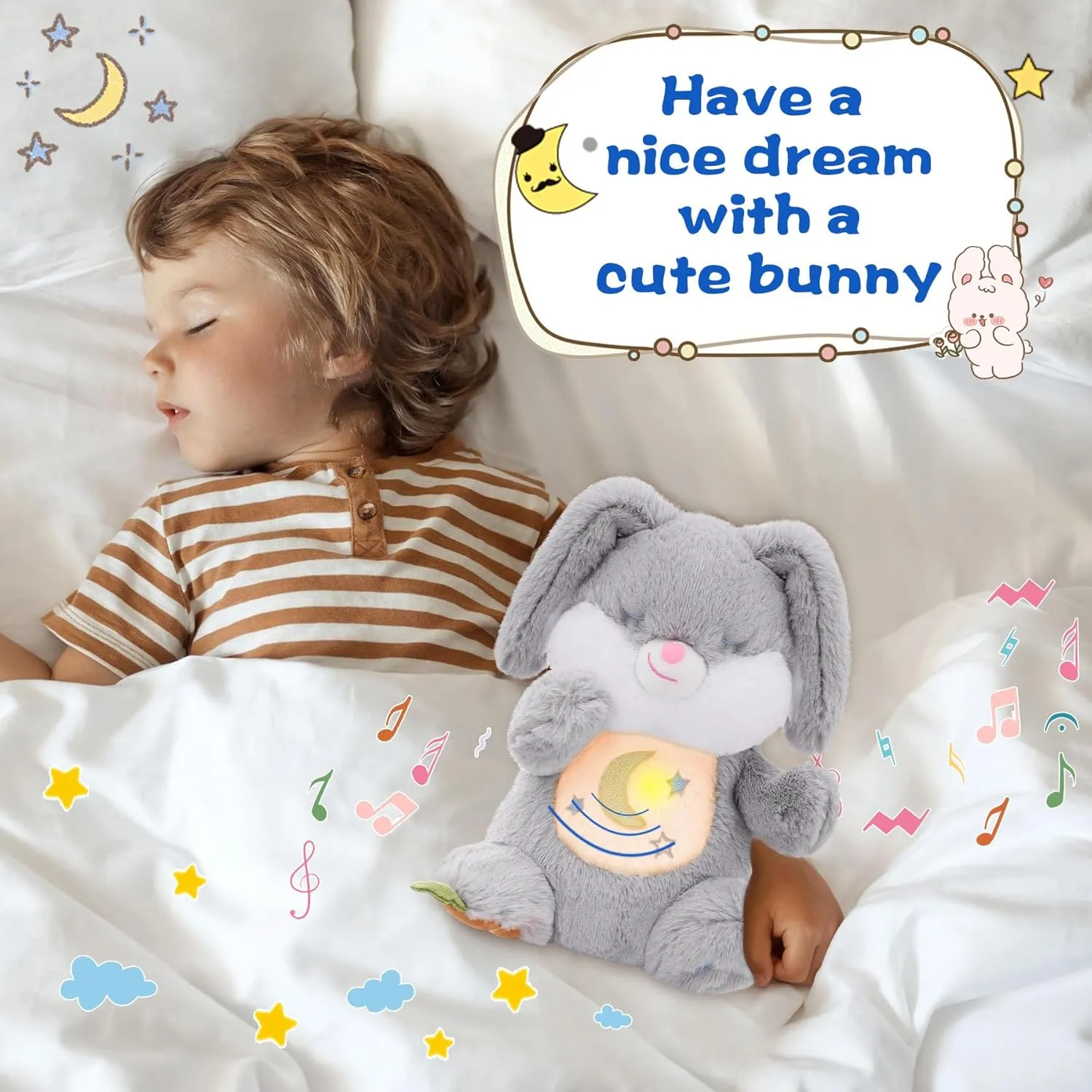 MIAODAM Breathing Stuffed Animal Bunny Plush with Realistic Breathing Action and Lighted Music Perfect for Babies and Kids