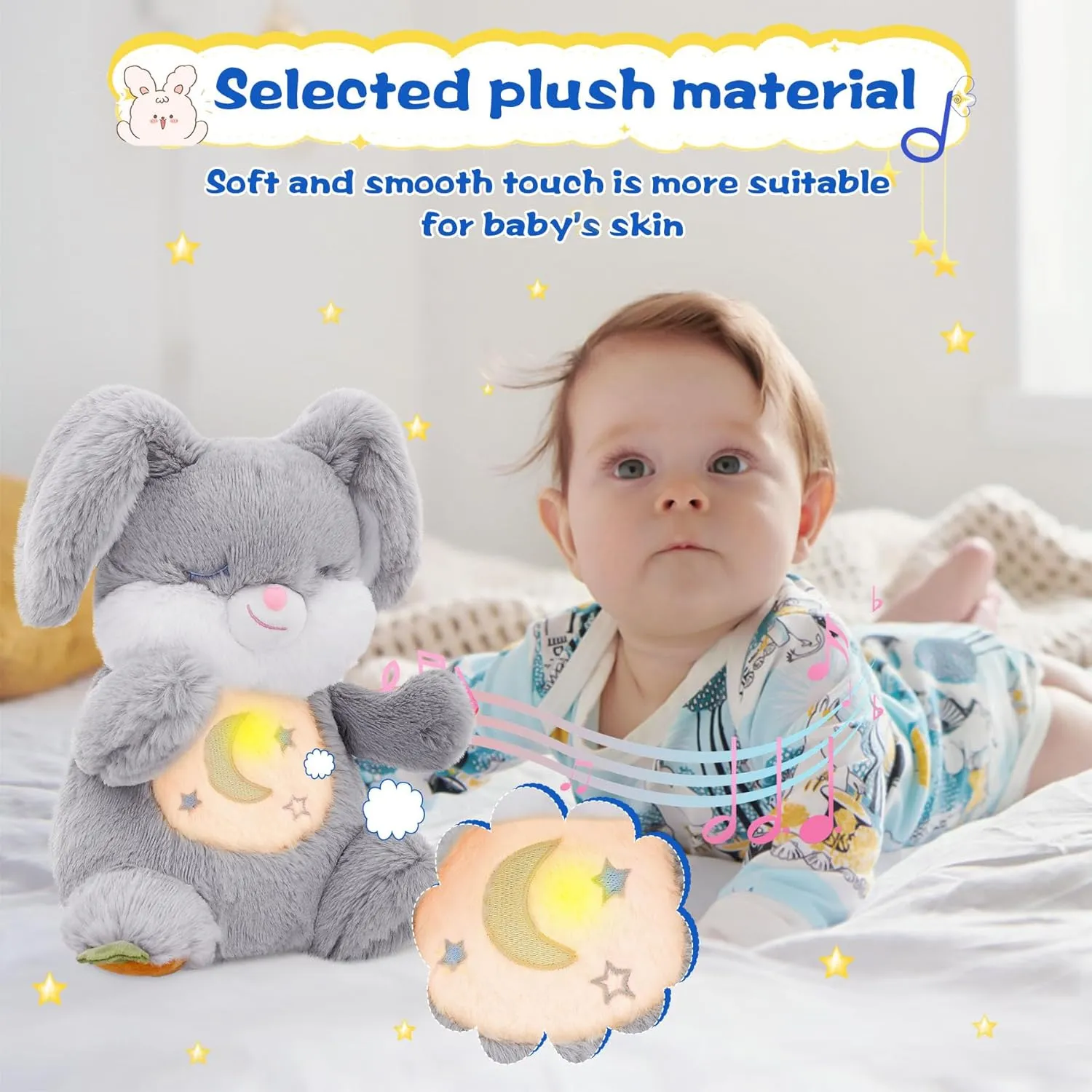MIAODAM Breathing Stuffed Animal Bunny Plush with Realistic Breathing Action and Lighted Music Perfect for Babies and Kids