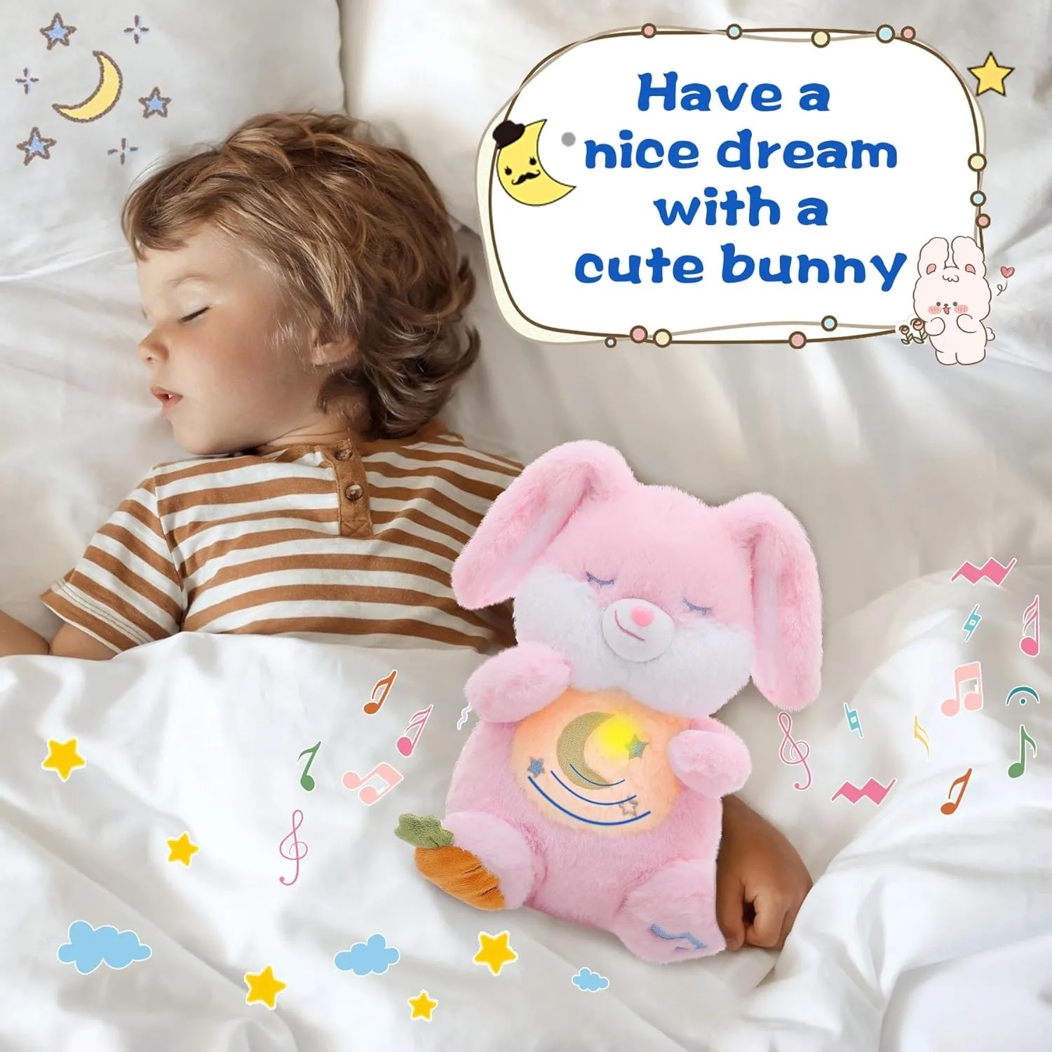 MIAODAM Breathing Stuffed Animal Bunny Plush with Realistic Breathing Action and Lighted Music Perfect for Babies and Kids