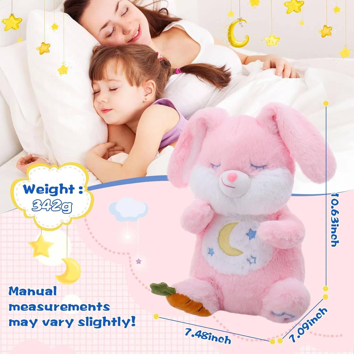 MIAODAM Breathing Stuffed Animal Bunny Plush with Realistic Breathing Action and Lighted Music Perfect for Babies and Kids