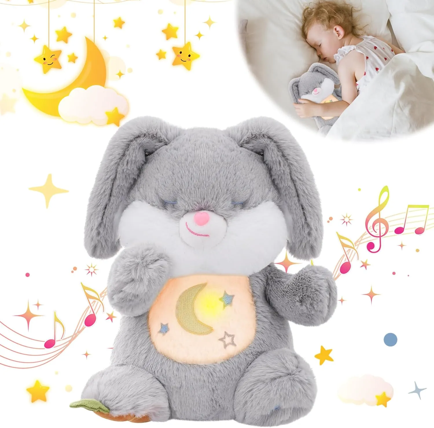 MIAODAM Breathing Stuffed Animal Bunny Plush with Realistic Breathing Action and Lighted Music Perfect for Babies and Kids