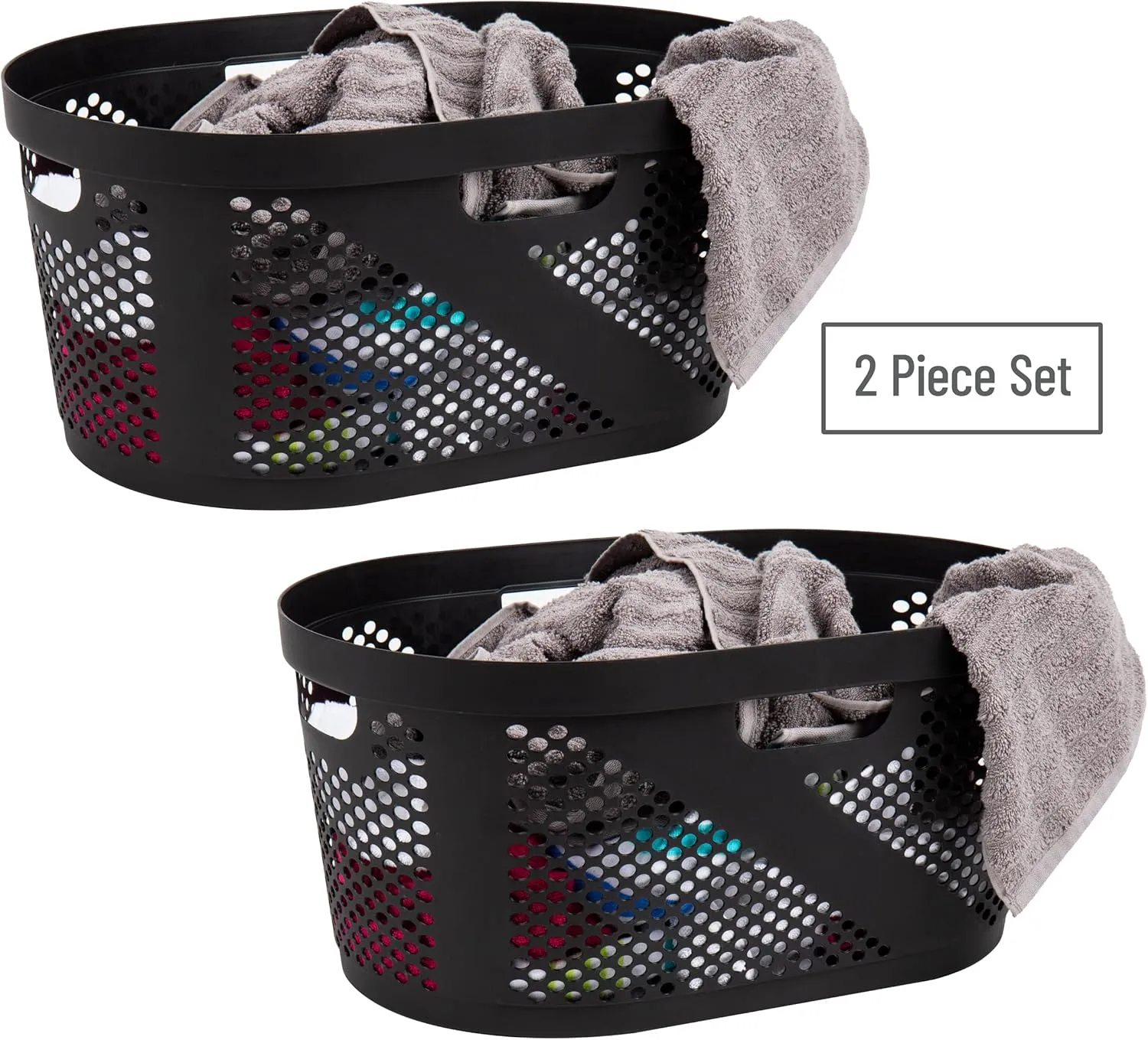 Mind Reader 40L Laundry Basket, Clothes Hamper, Ventilated, Plastic, 23"L x 14.5"W x 10.5"H, Set of 2, Black